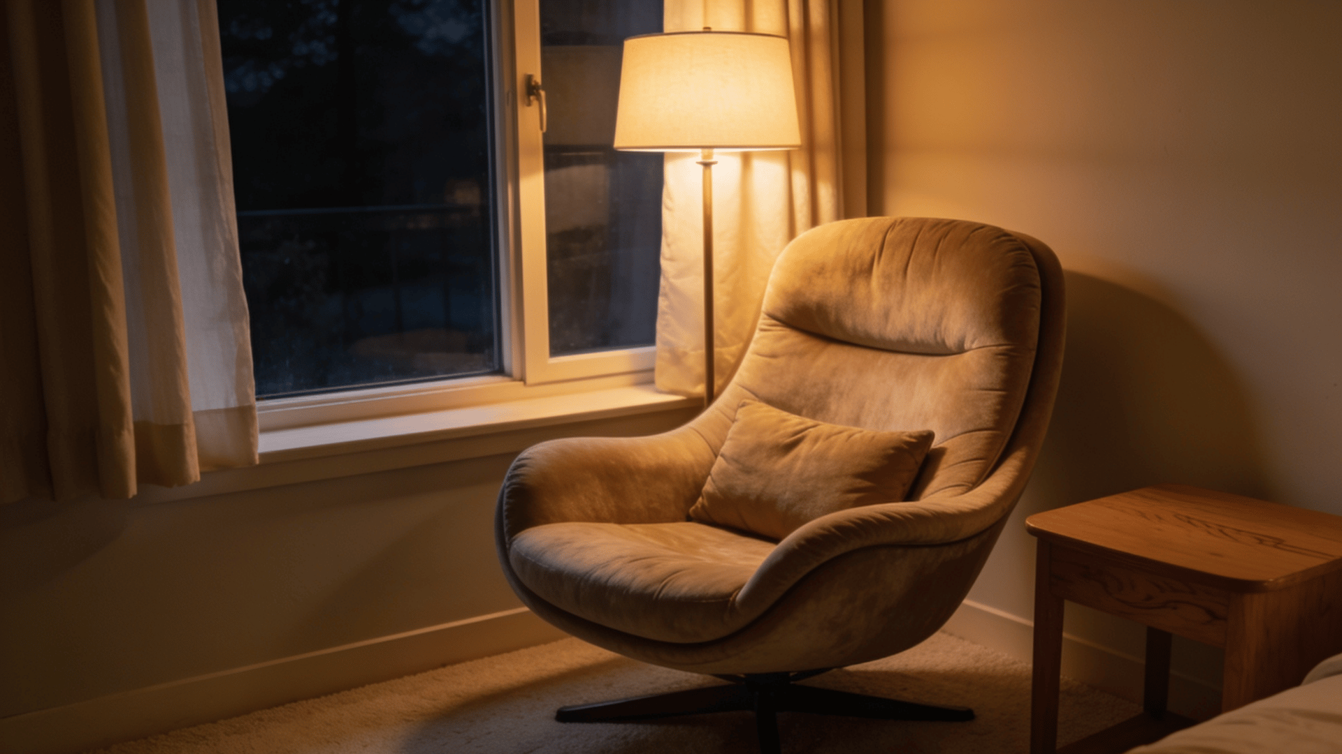 Cozy bedroom seating area beside bright window