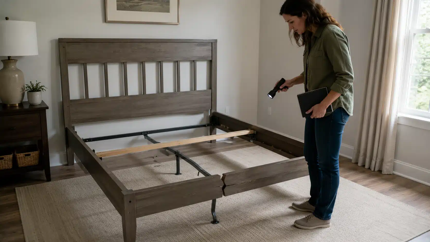 damaged bed frame with cracked rail and bent support parts showing when repair may not be safe