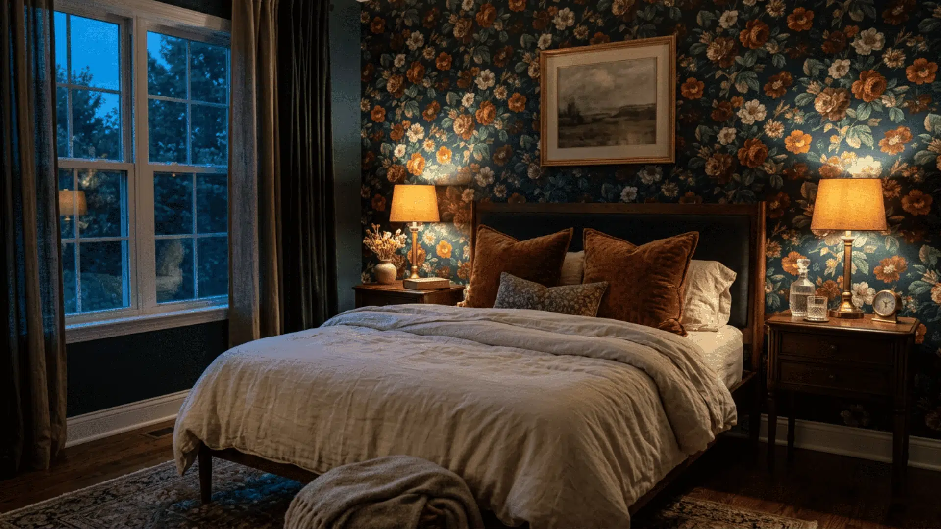 Dark floral wallpaper behind a cozy bed
