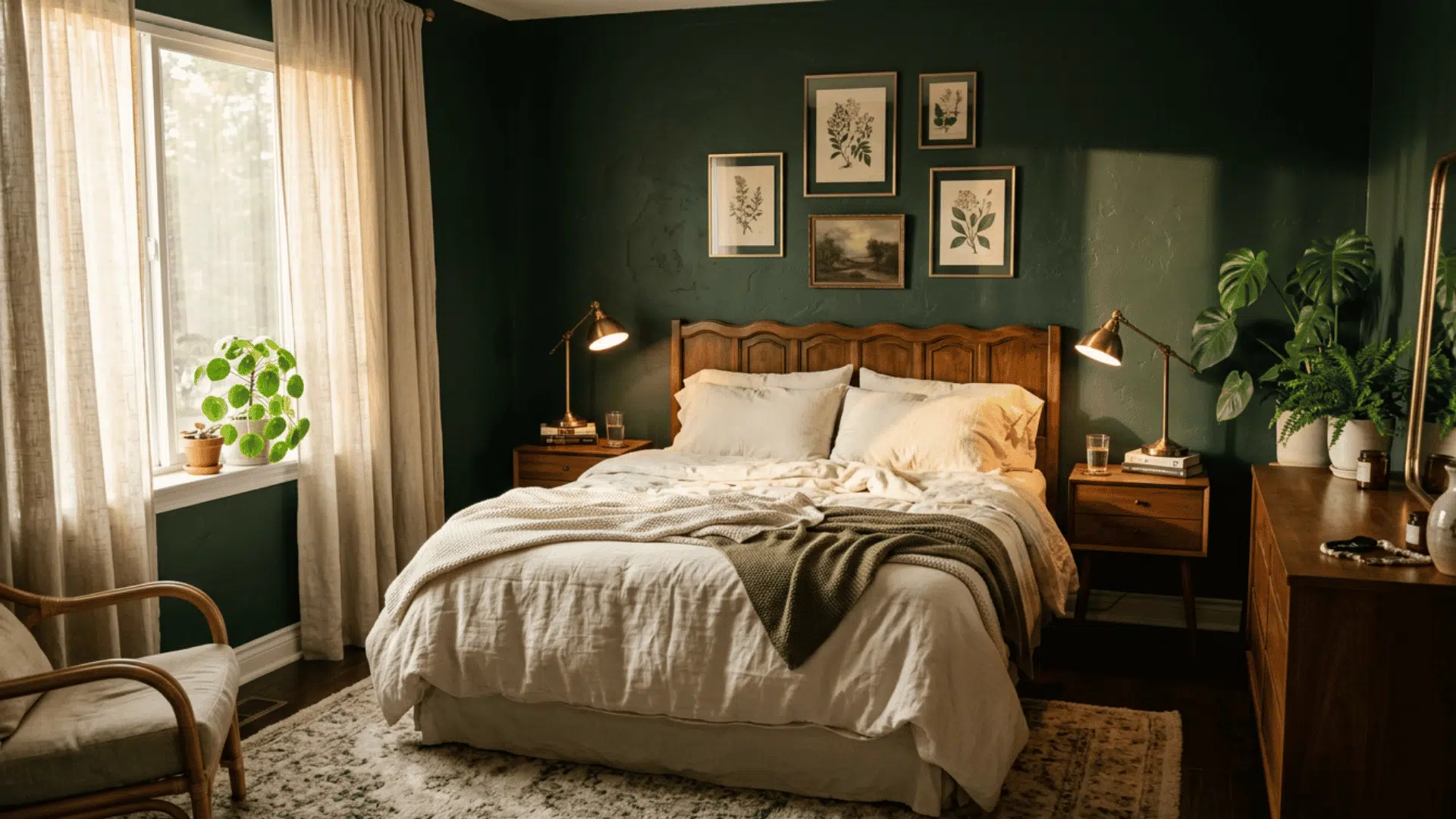 Dark green bedroom with wood furniture and plants