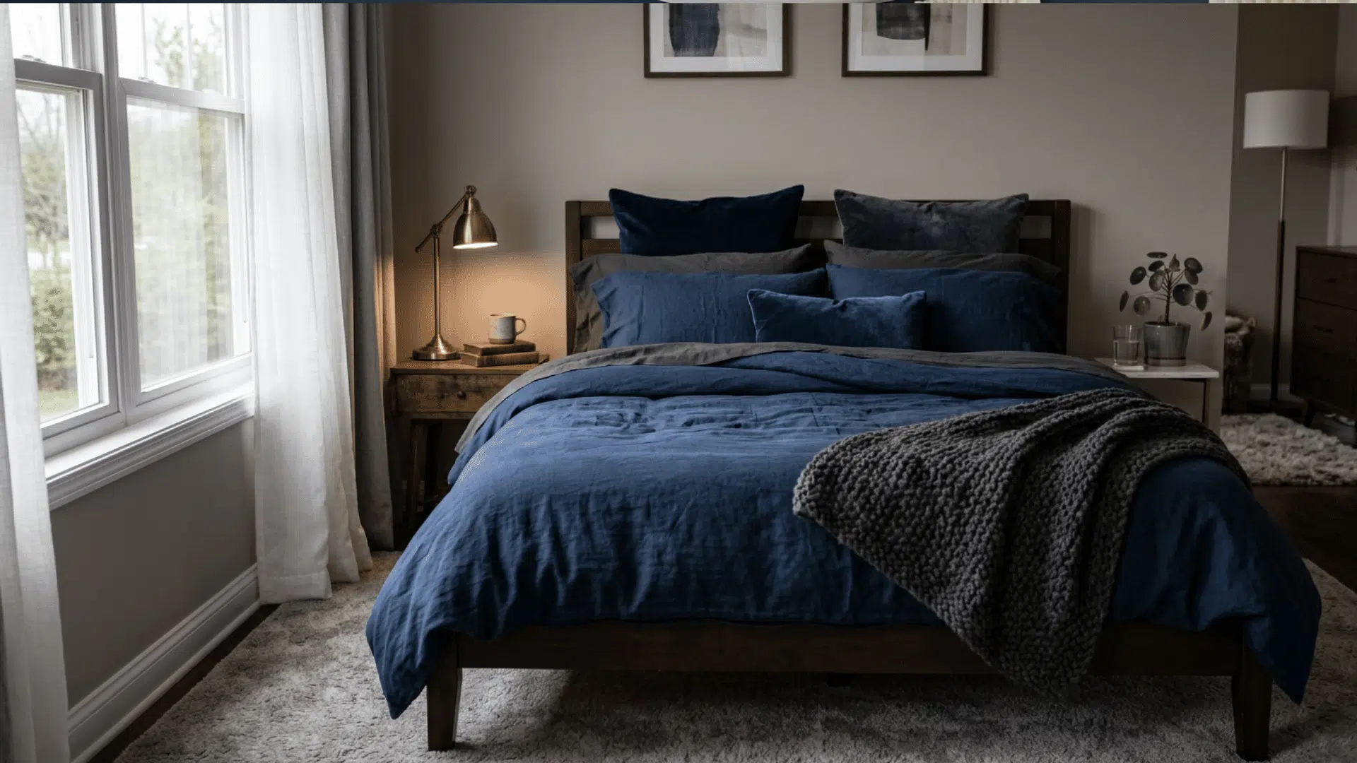 Dark layered bedding with pillows and knit throw