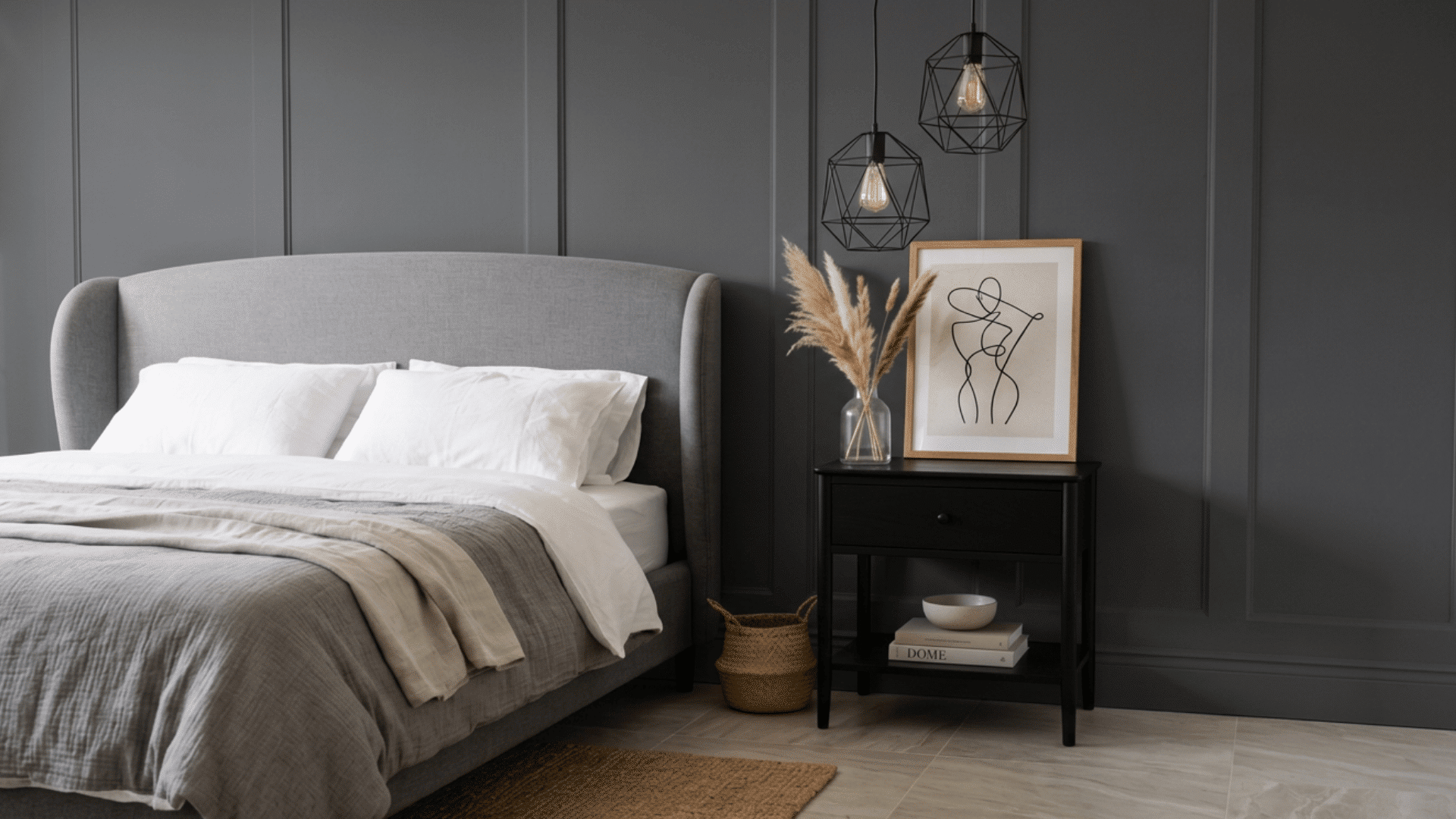 Dark walnut nightstand with lamp and decor