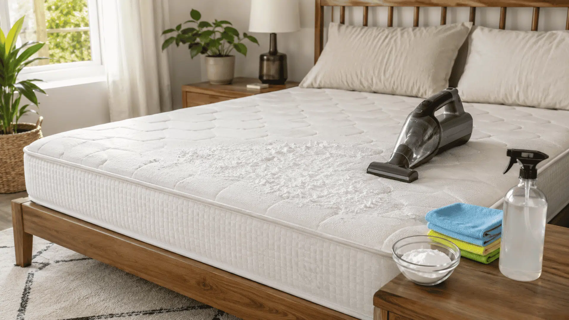 Mattress deep cleaning with baking soda, a handheld vacuum, spray, and cloths.