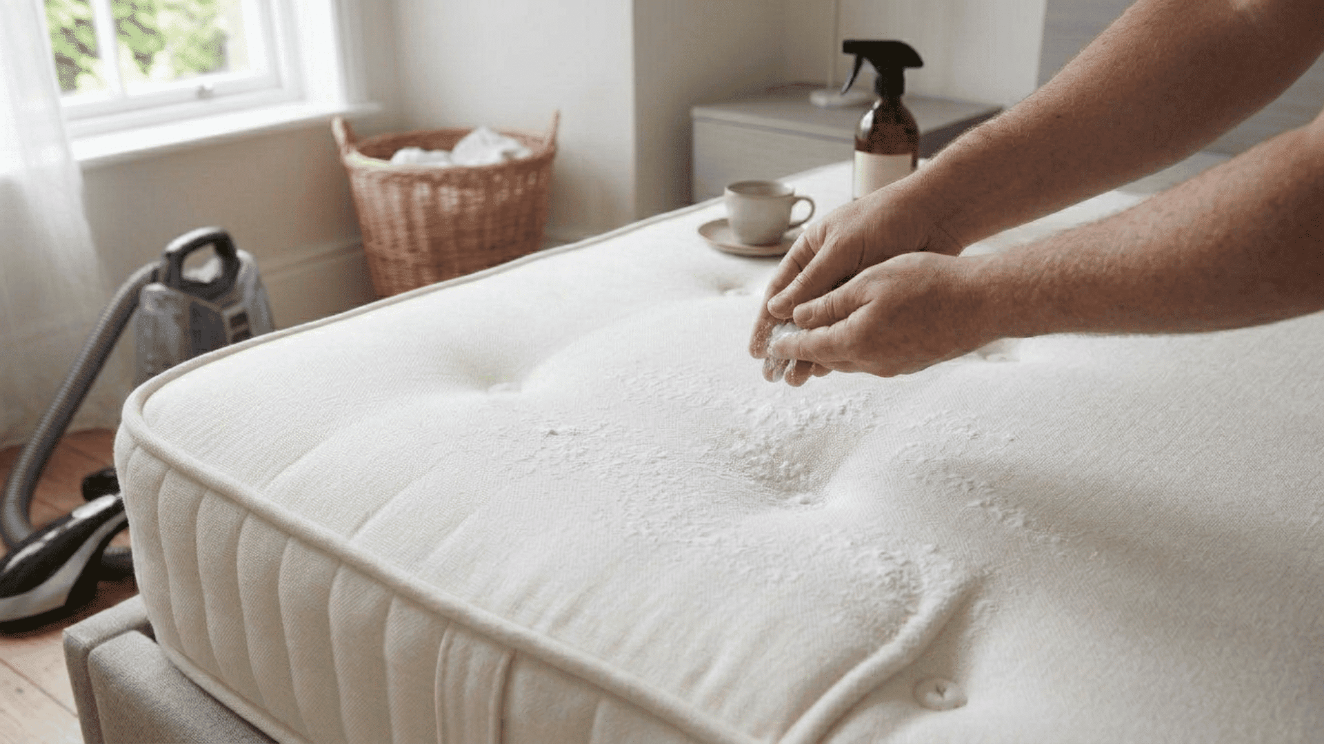 Person sprinkling baking soda over a mattress to remove odors.