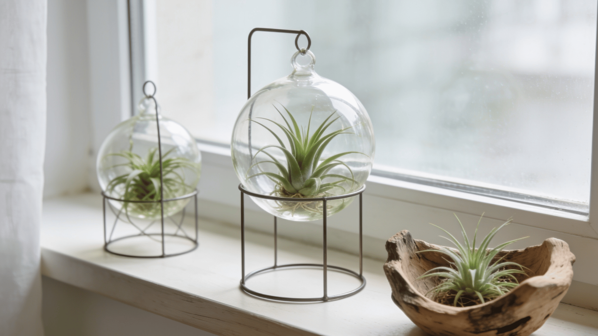 Air plants displayed in glass and wire holders