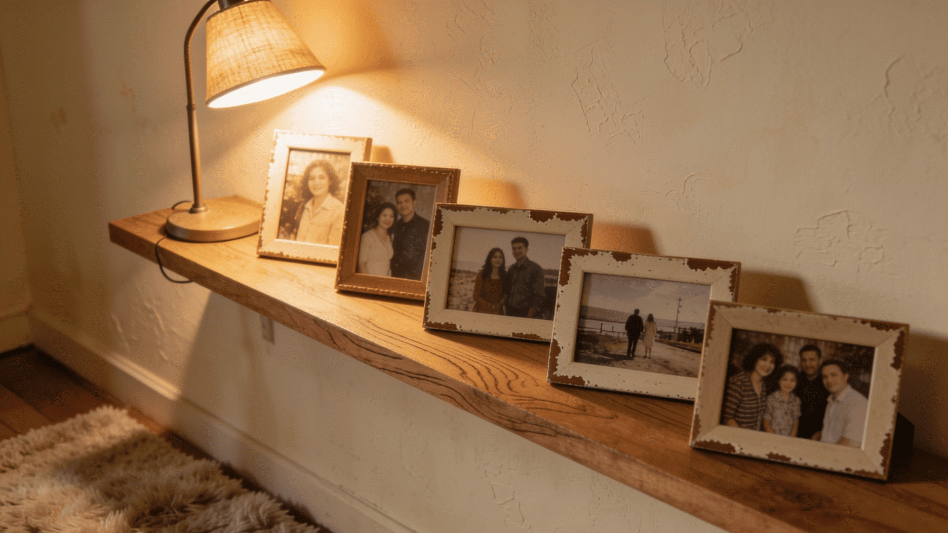 Framed personal photos warm the bedroom shelf.
