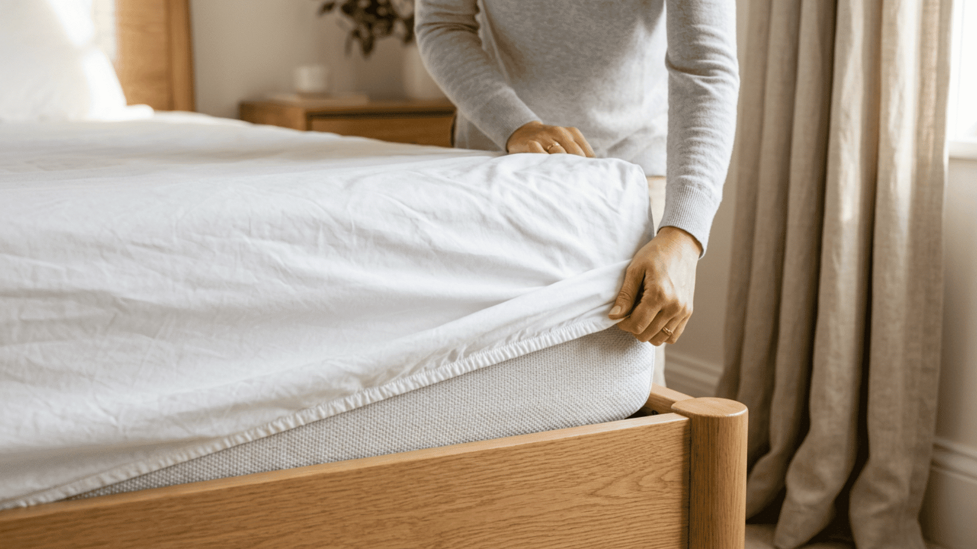 Person placing a white mattress protector on a mattress in a bright cozy bedroom.