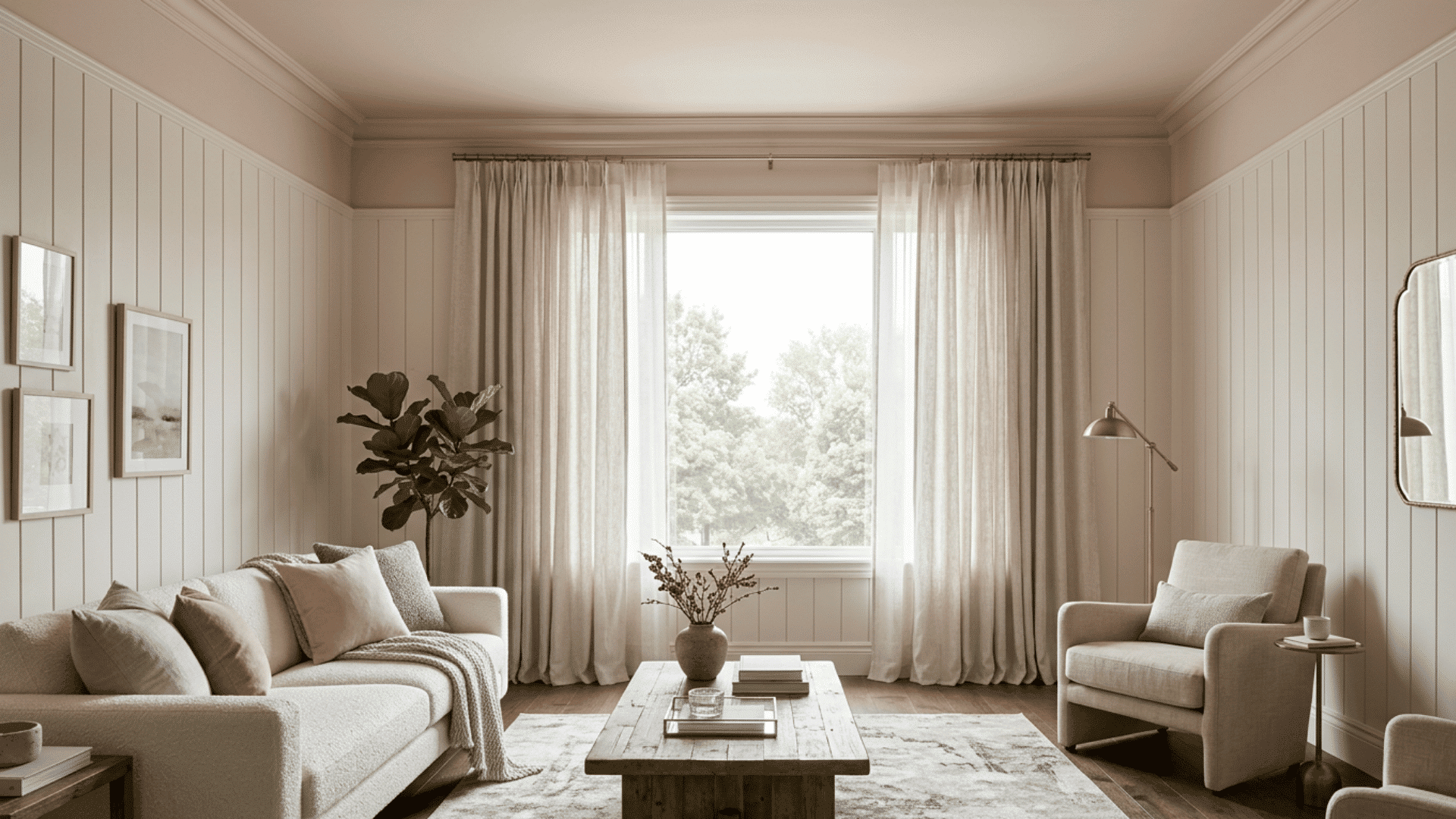 Living room with light ceiling and tall curtains for height