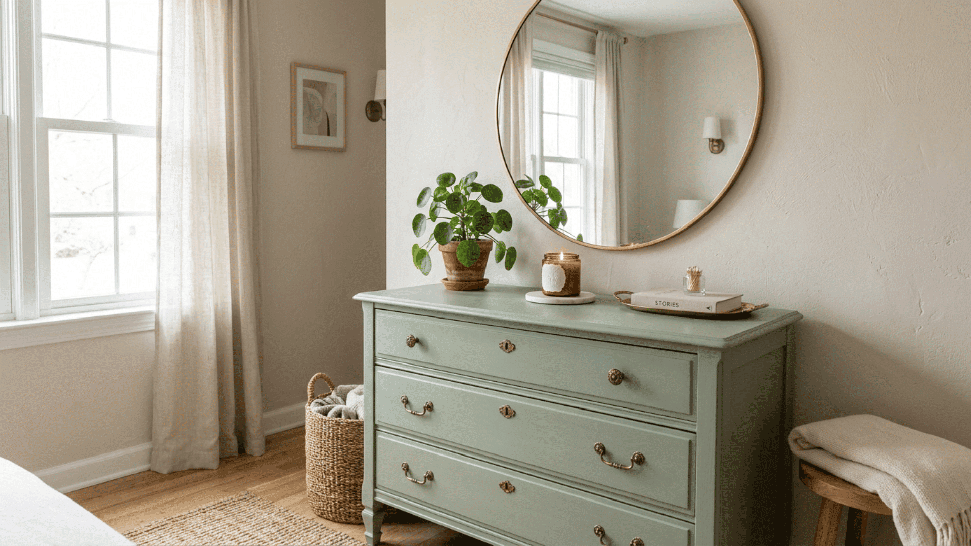 Sage green dresser with brass pulls, a round mirror, potted plant, and soft neutral decor.
