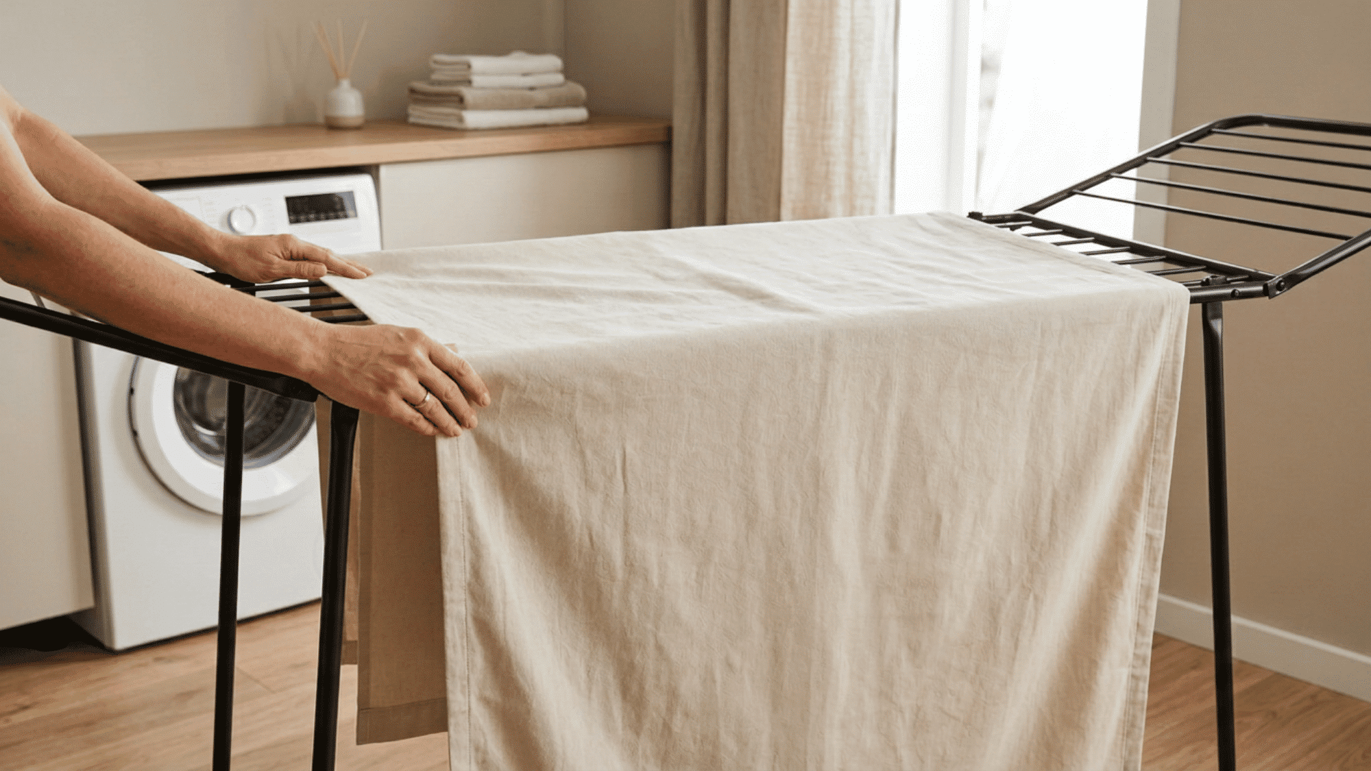 Hands spreading a clean mattress protector across an indoor drying rack.