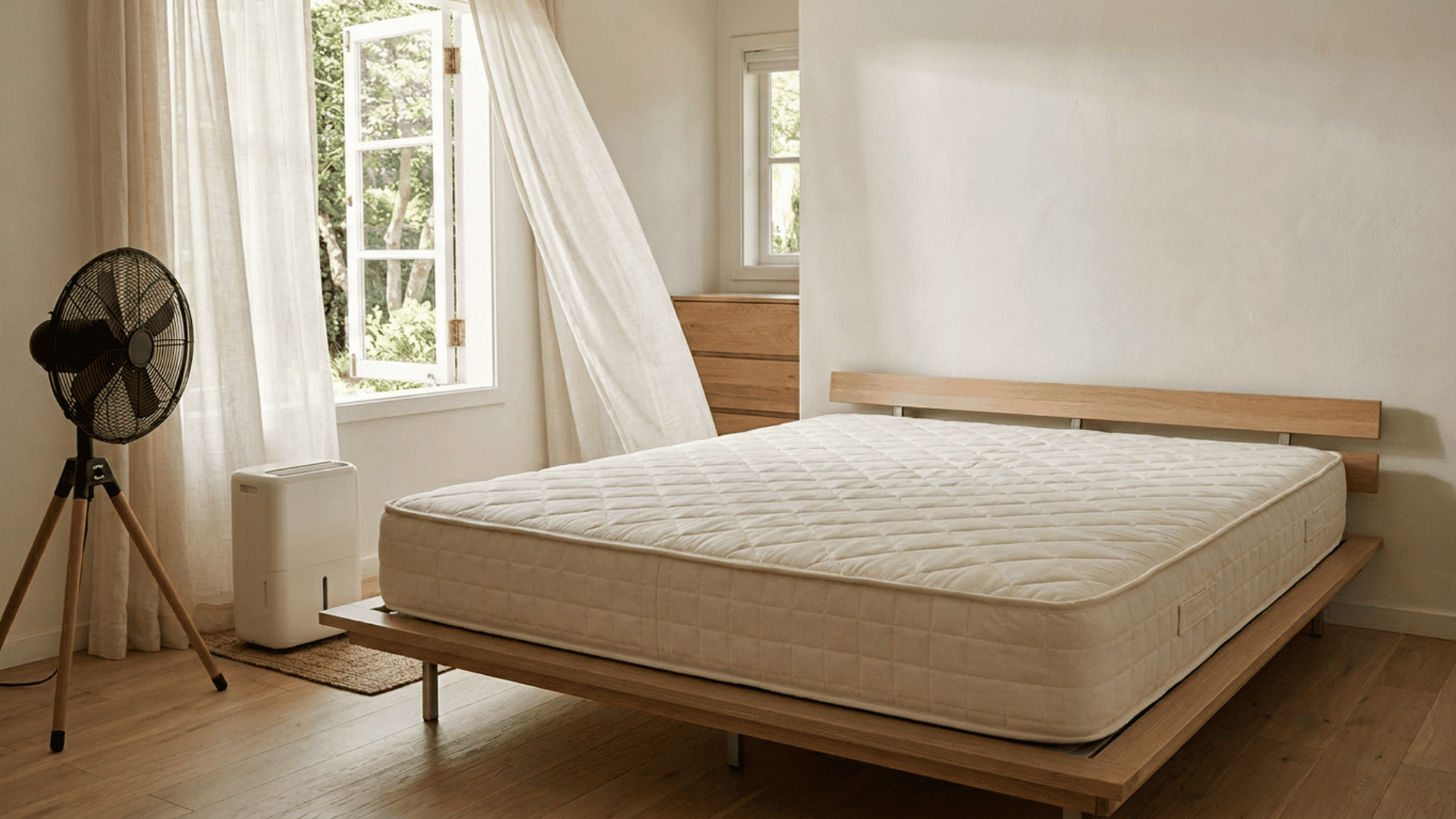 Mattress standing upright to dry after steam cleaning