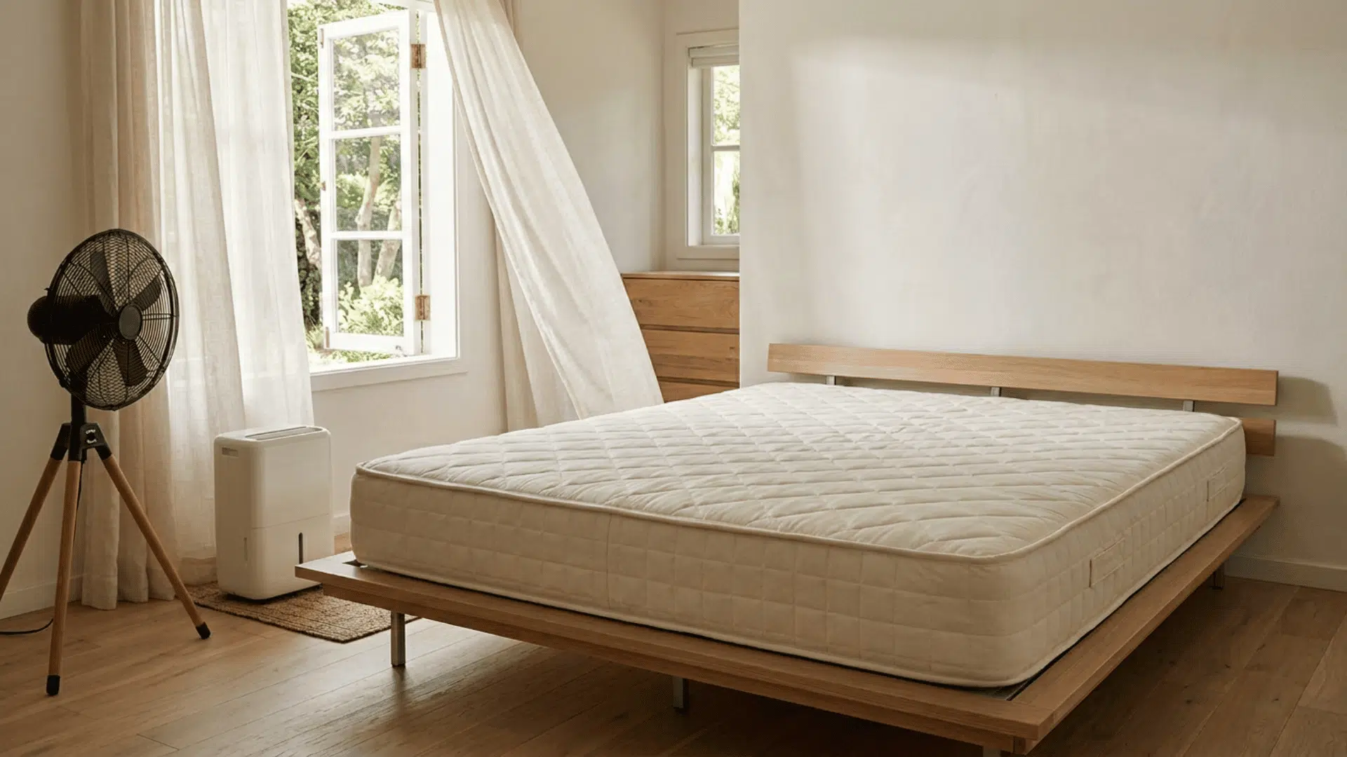 Mattress standing upright to dry after steam cleaning