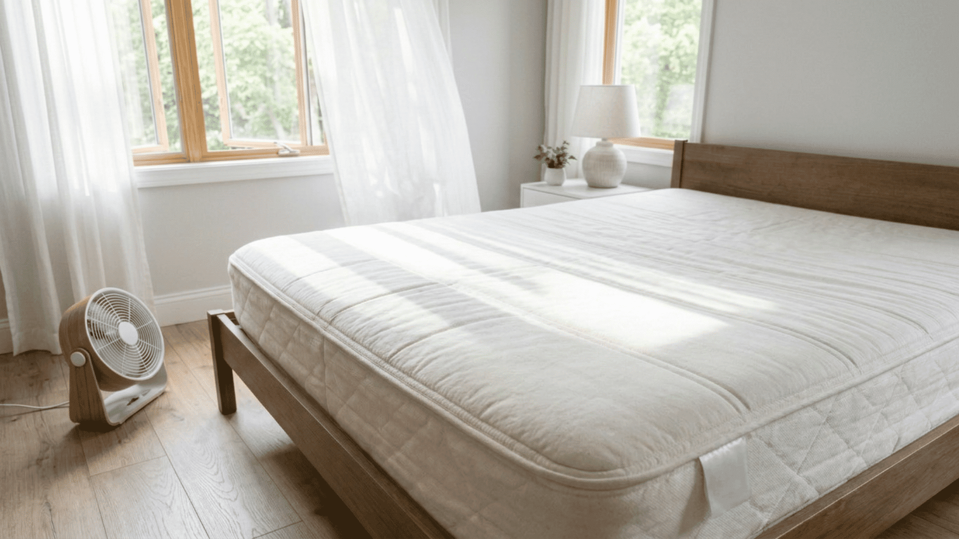 Bare mattress air-drying near an open window with a fan