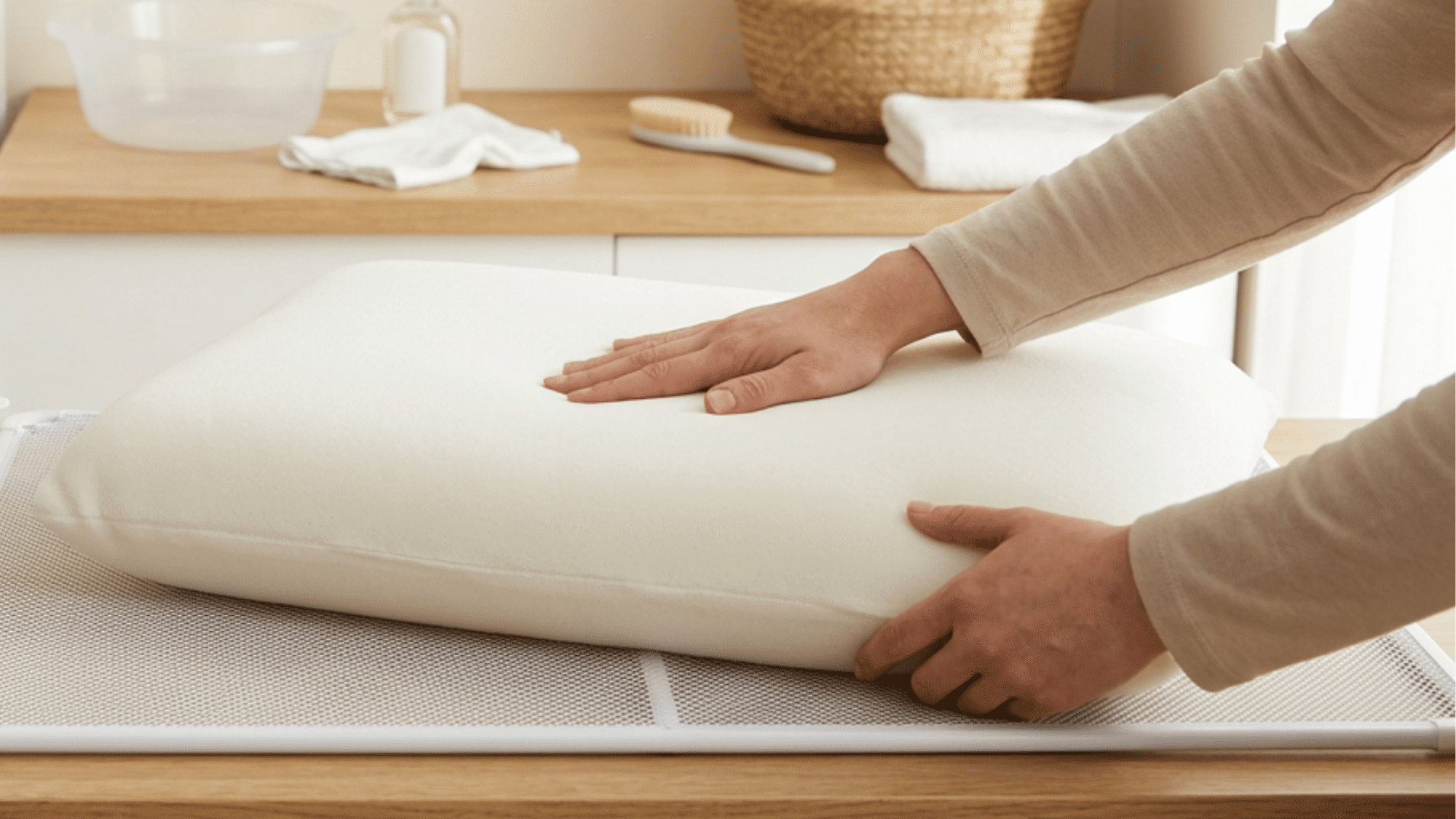 person presses a clean foam pillow on a mesh drying rack to check whether it is fully dry