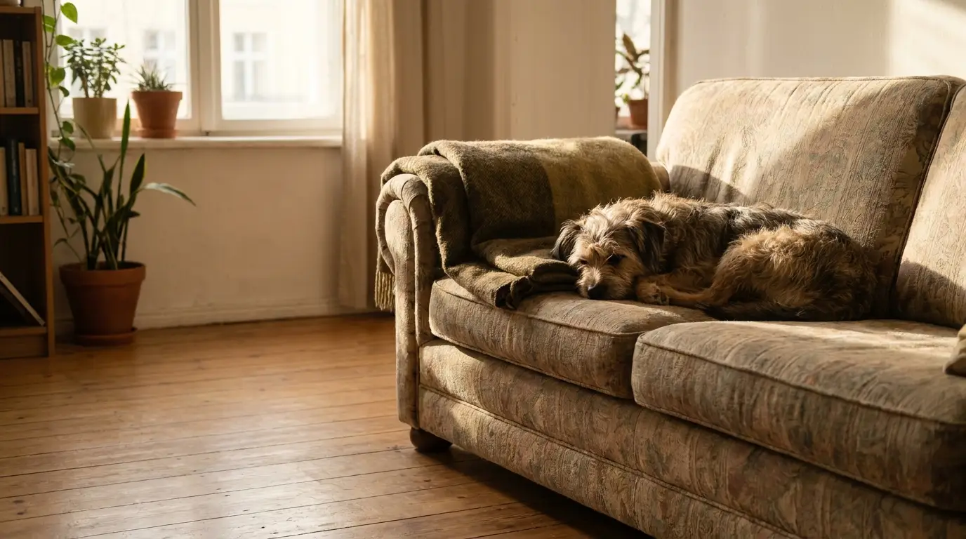 Dog sleeping on patterned sofa in sunlit living room with wooden floor and potted plants
