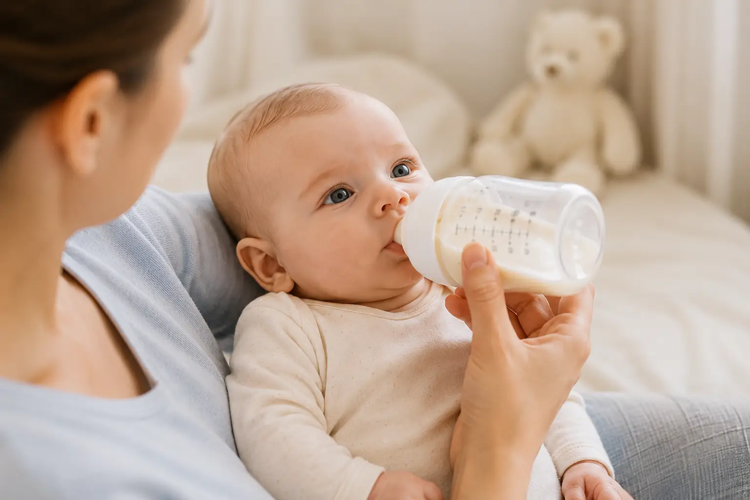 Baby drinking from bottle in mother's arms in cozy room with teddy bear
