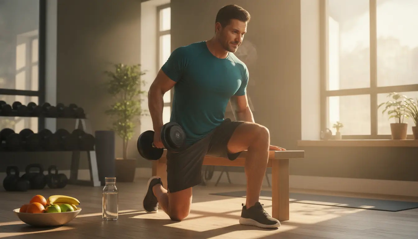 Man in teal shirt doing dumbbell exercises in sunlit home gym with a bowl of fruit nearby