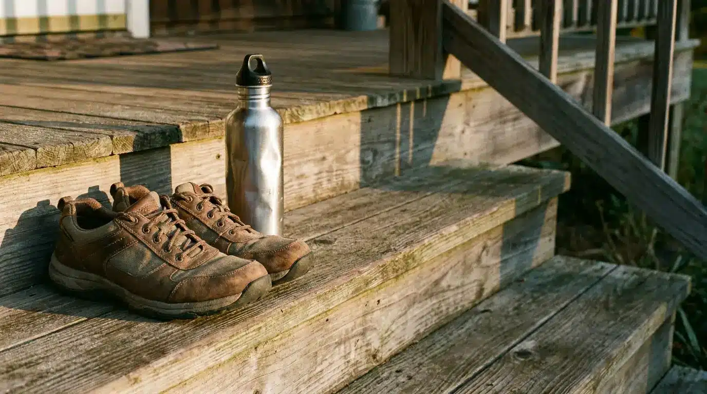 Brown hiking shoes and metal water bottle on wooden outdoor steps in sunlight