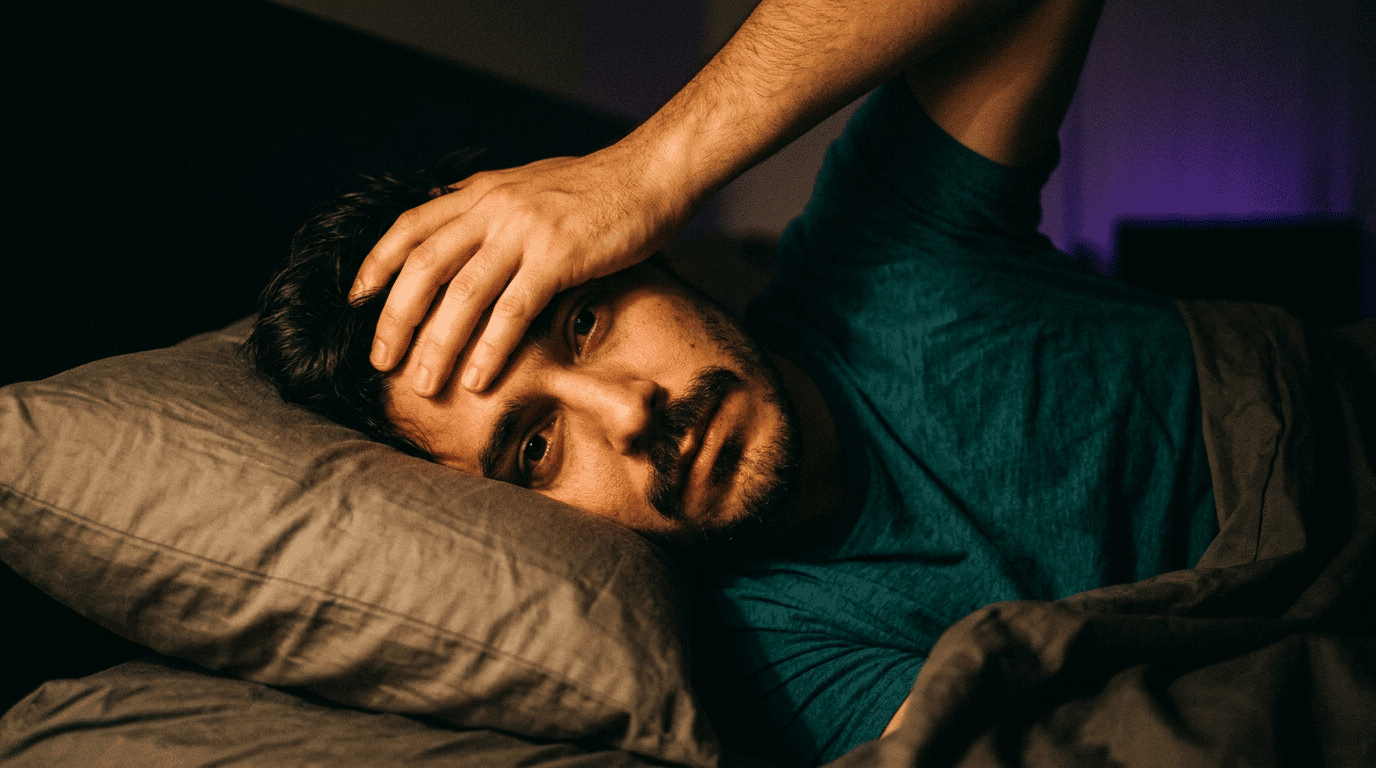 man lying awake in bed at night, holding his forehead, showing signs of stress and sleeplessness