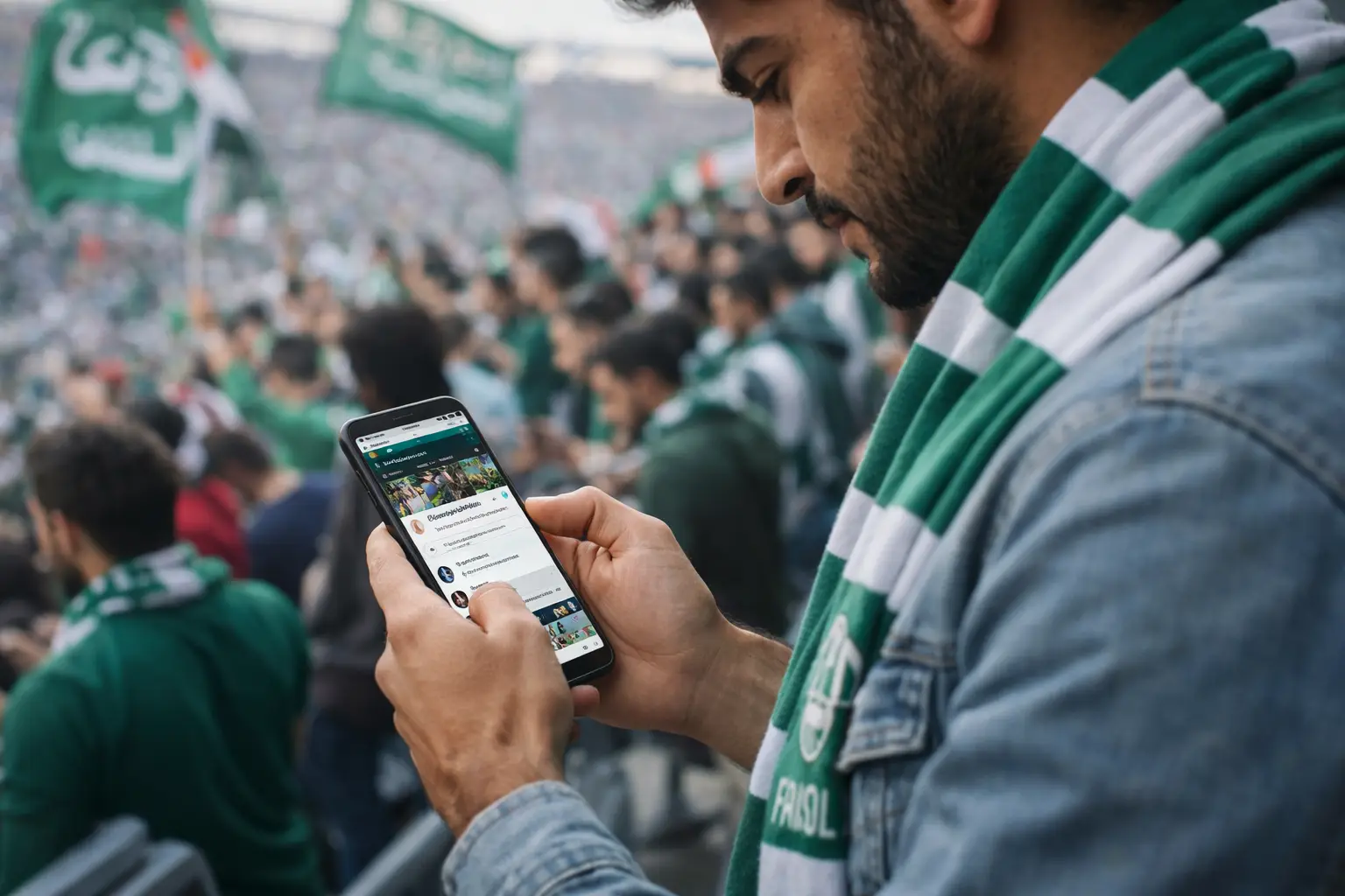 Man in stadium checking smartphone, wearing green and white scarf, surrounded by cheering crowd