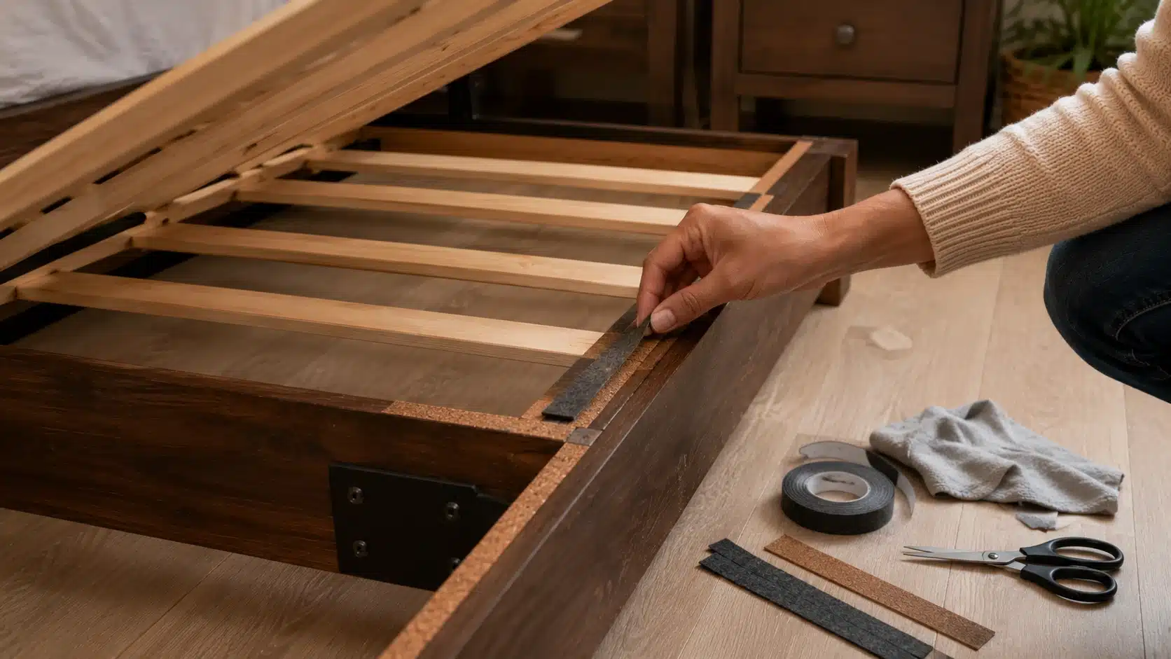 felt tape and cork strips under wooden bed slats to reduce squeaks from wood rubbing