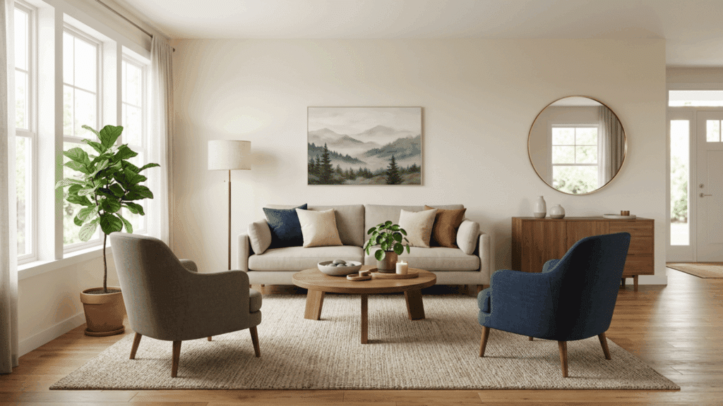 Balanced feng shui living room with sofa, chairs, plants, art, and mirror