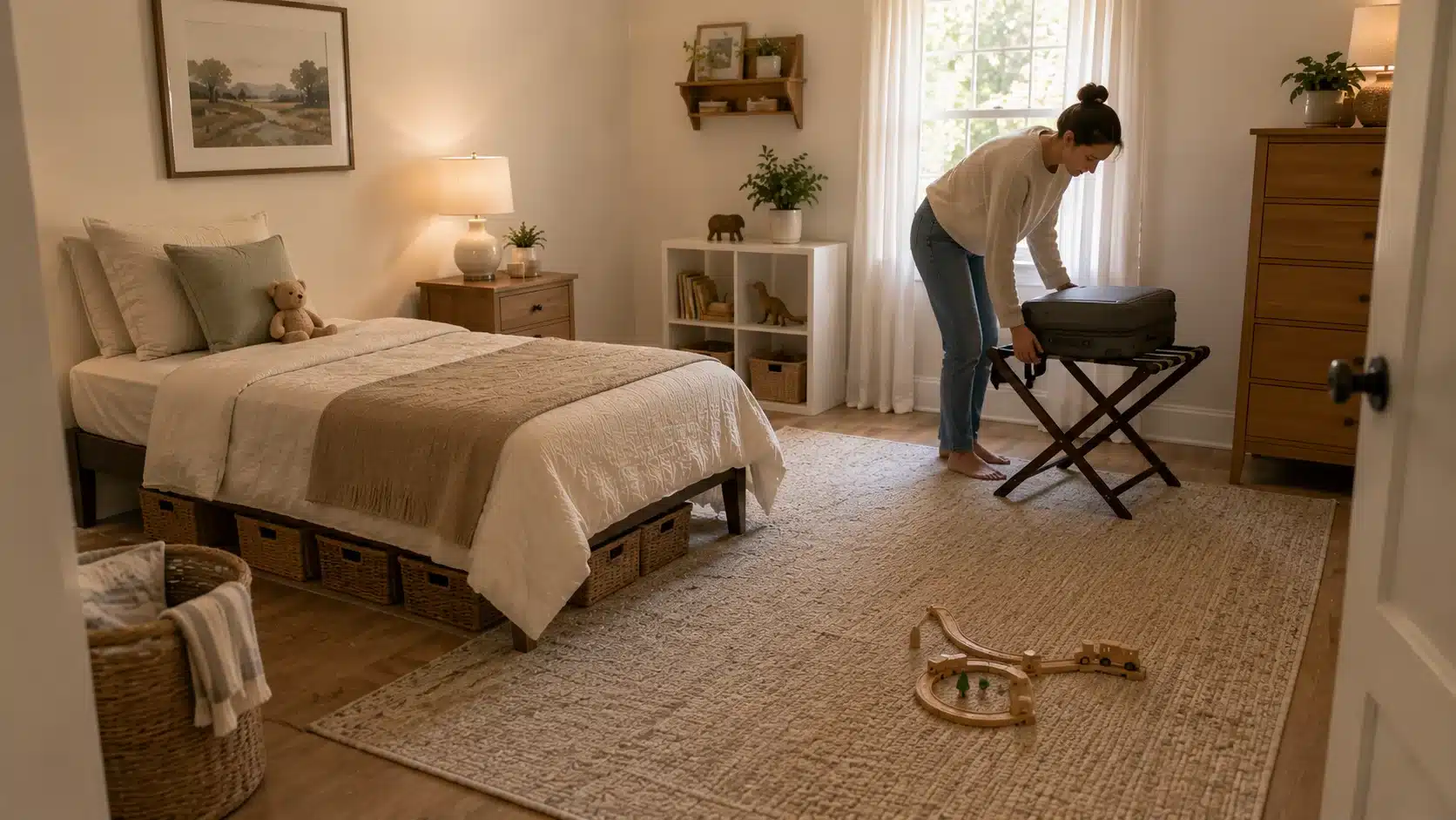 flexible guest or kid bedroom with simple bed open floor storage and space for a suitcase
