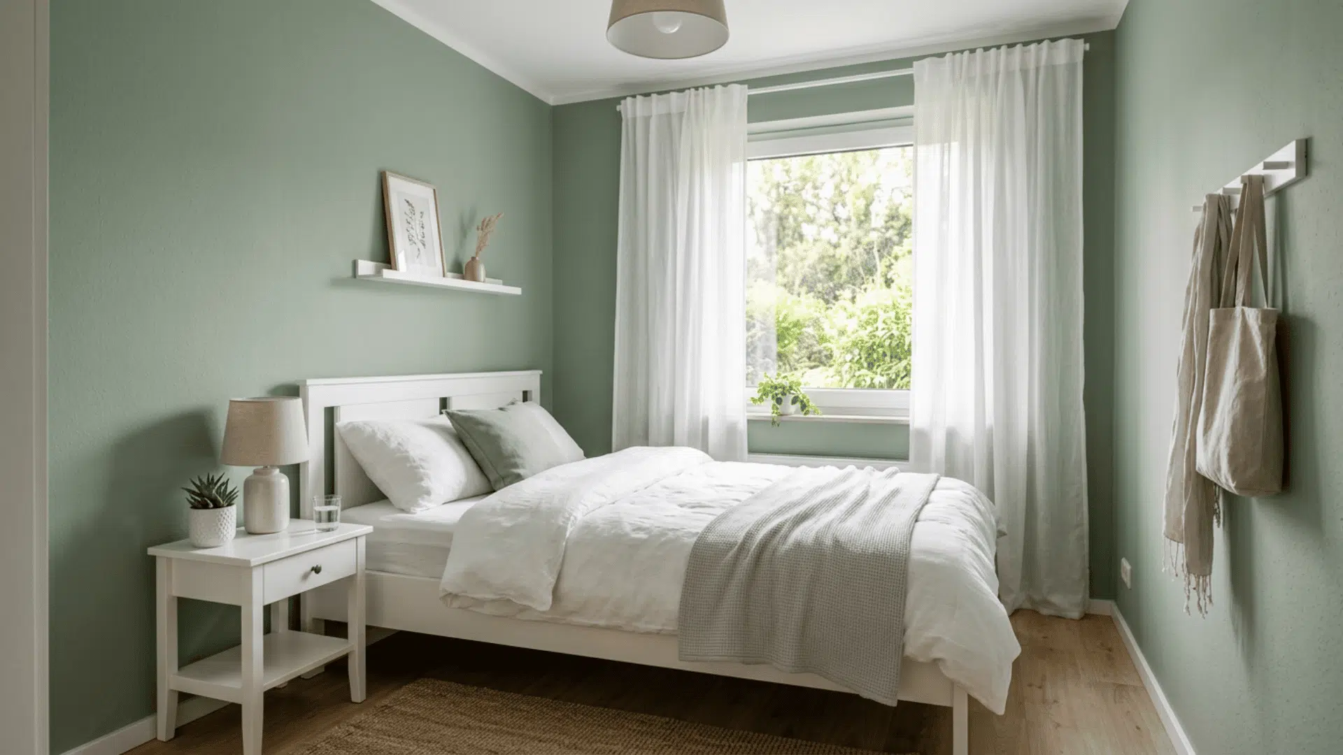 Sunlit <echighlighted>sage green bedroom</echighlighted> with white bedding, sheer curtains, and bright wooden furniture.