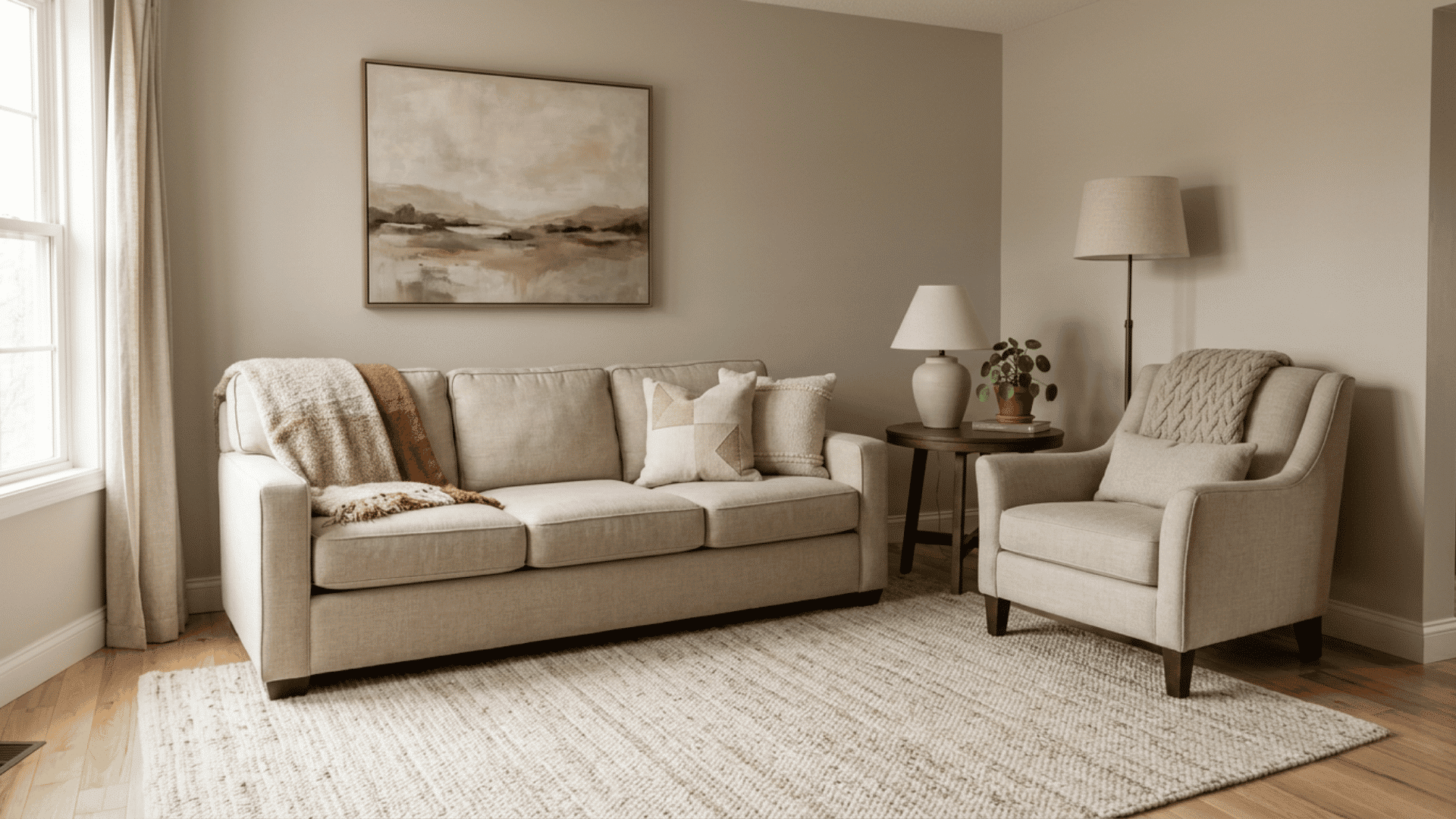 Sofa and chair pulled slightly away from living room walls