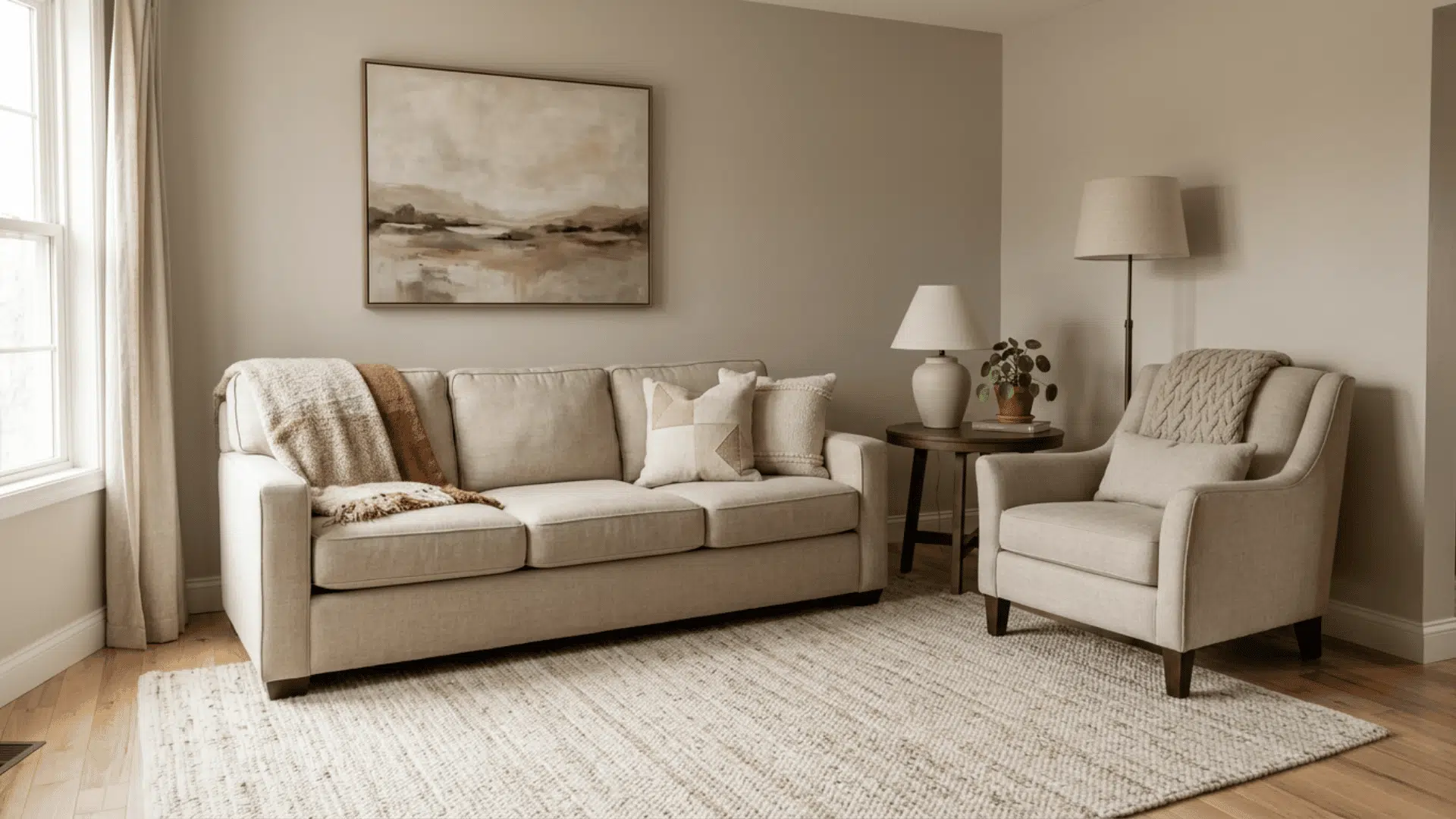 Sofa and chair pulled slightly away from living room walls