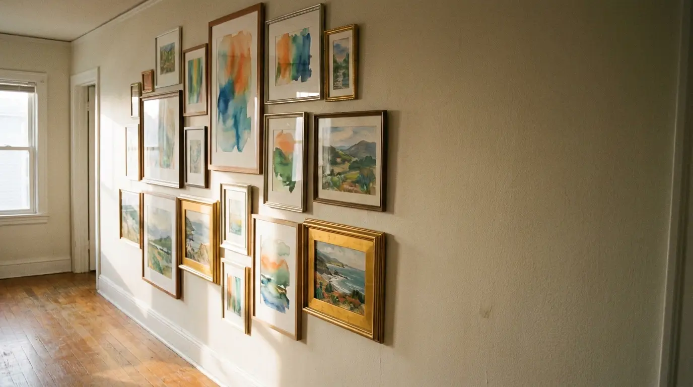 Gallery wall with assorted framed watercolor paintings in a bright hallway