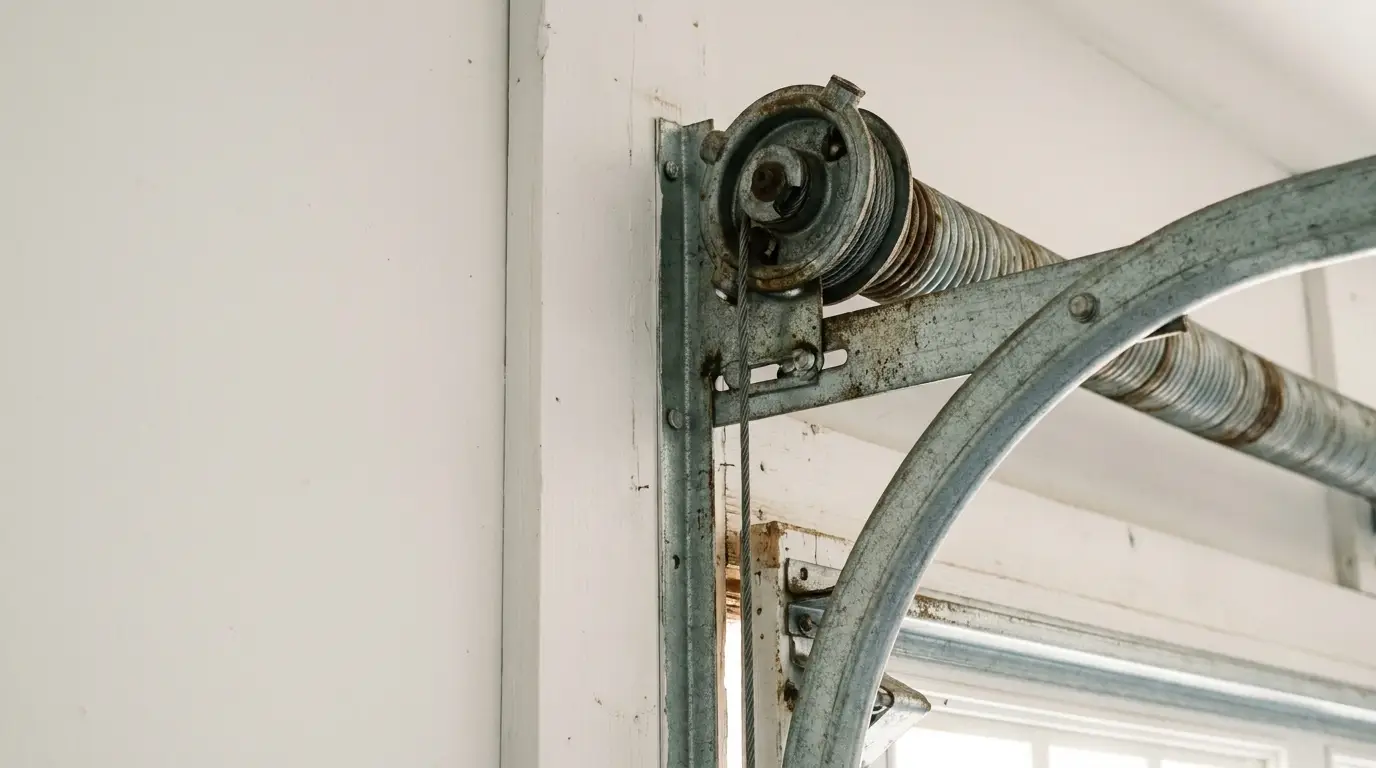 Close-up of a garage door spring system with metal bracket in a workshop setting