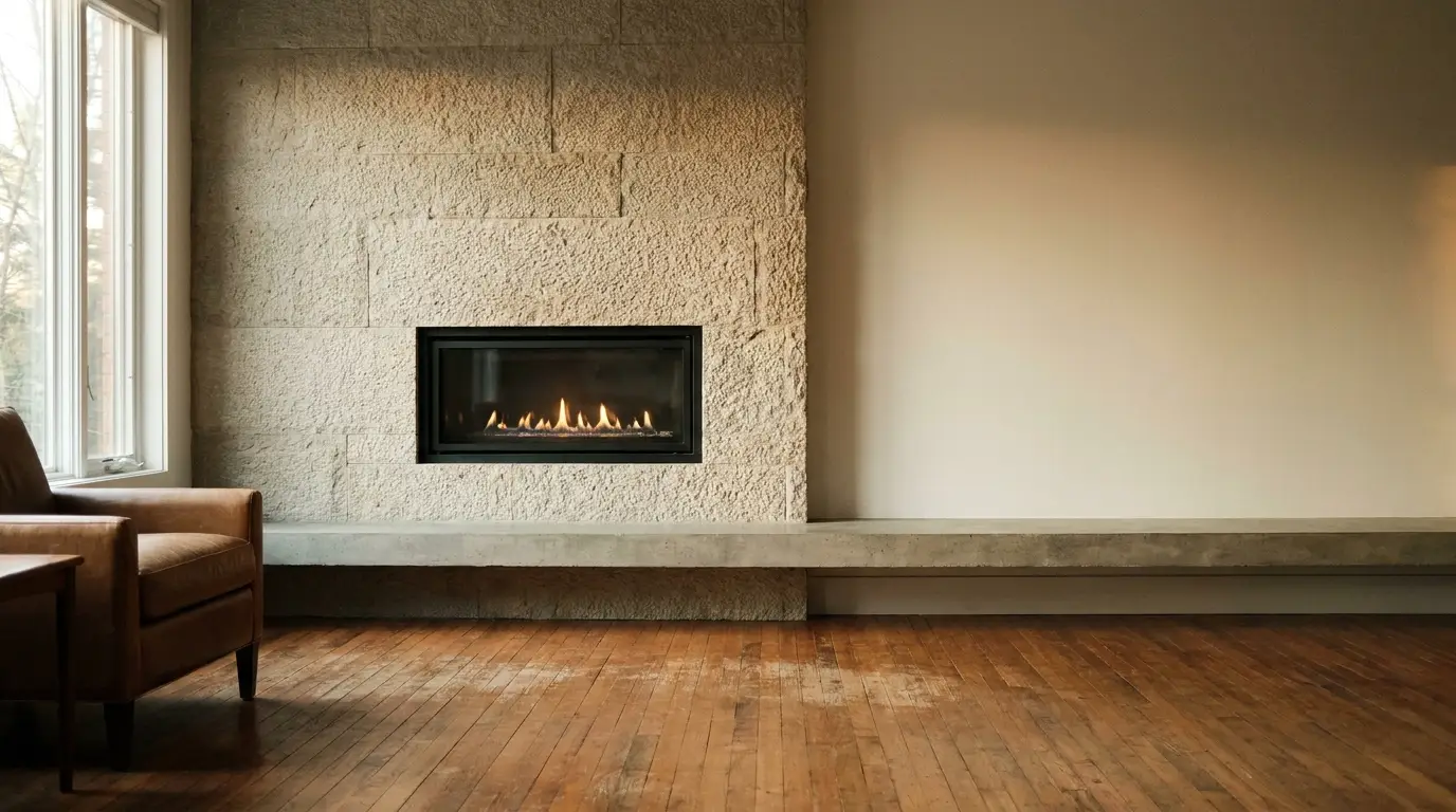 Stone fireplace in modern living room with leather chair and wooden floor