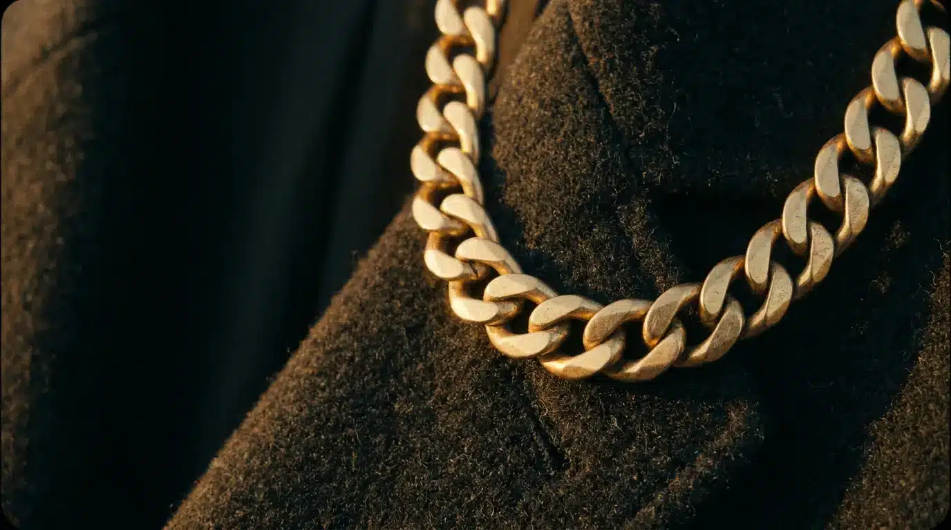 Gold chain necklace on dark textured fabric in warm lighting close-up