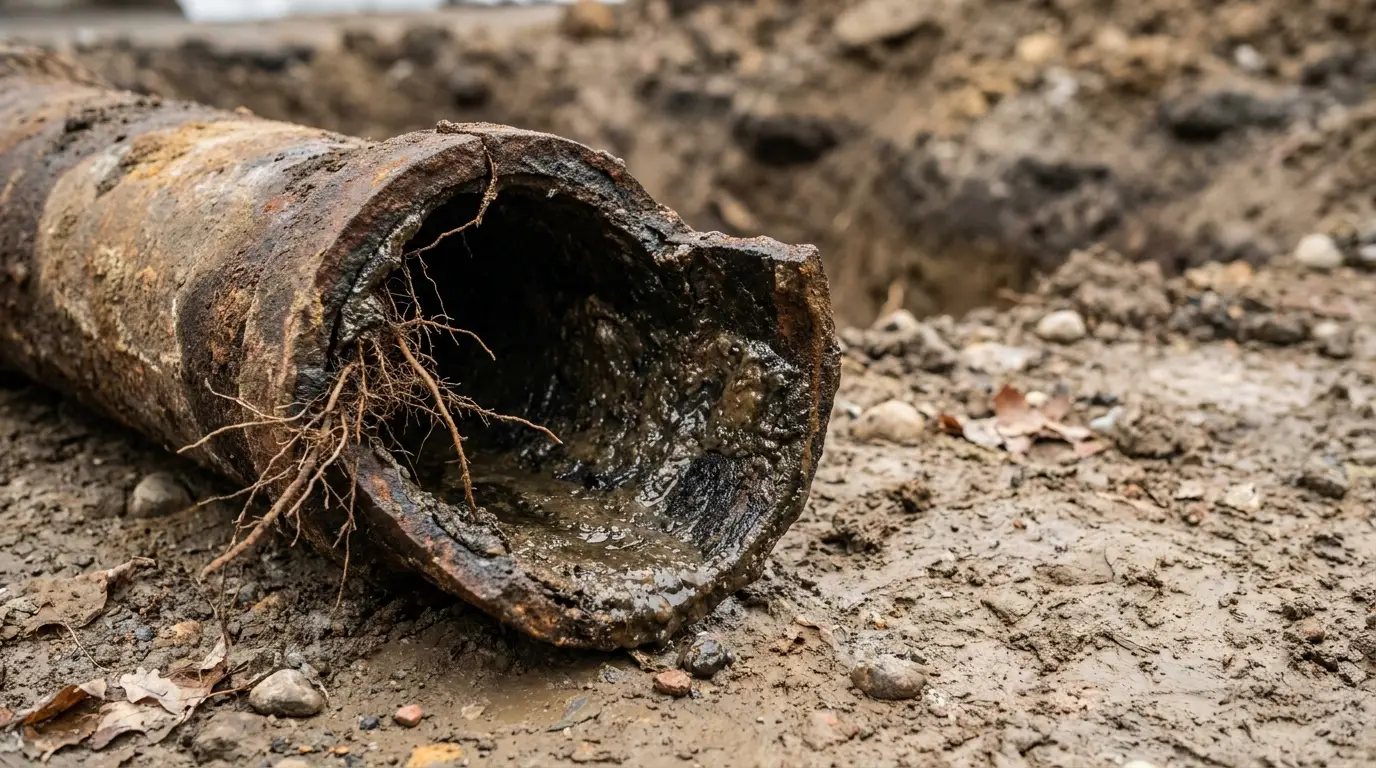Rusty broken sewer pipe with exposed roots in muddy outdoor setting