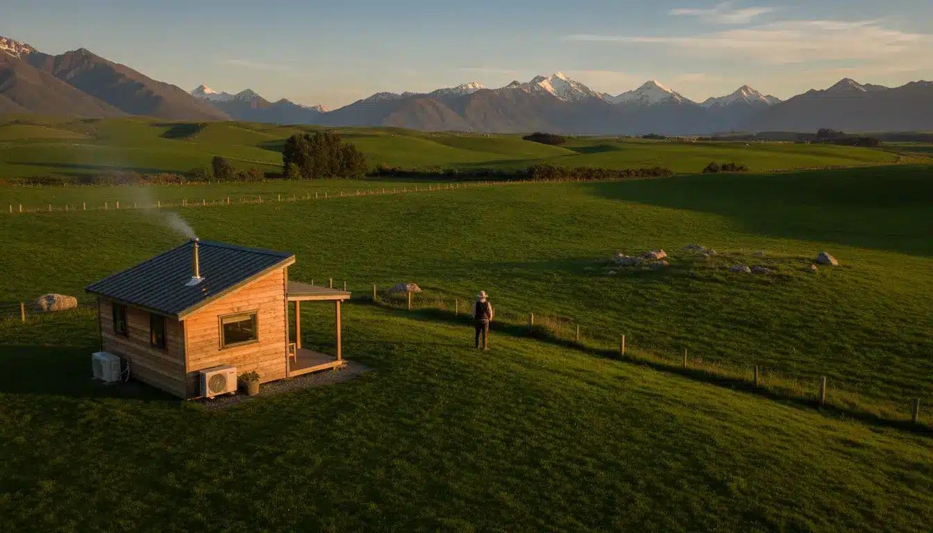 Small wooden cabin with smoking chimney in vast green landscape under mountainous horizon