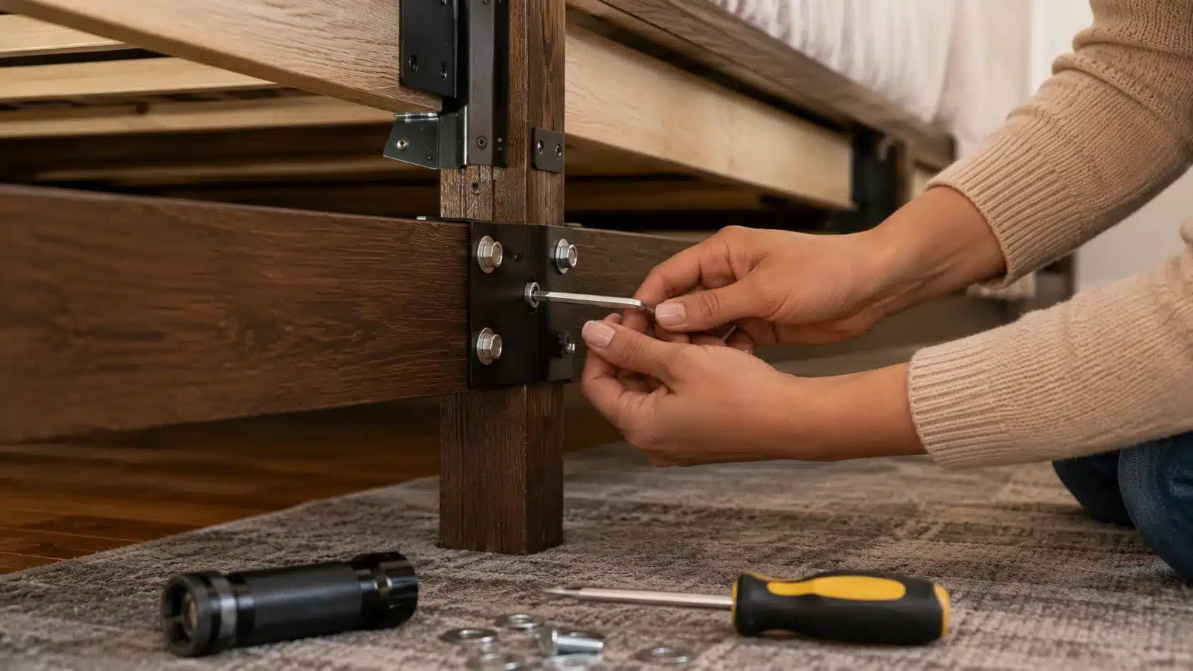 hands tightening a side rail bolt on a stripped bed frame with tools and mattress moved aside