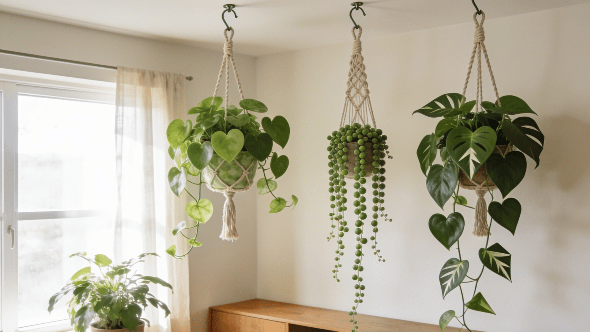 Ceiling-hung trailing plants beside a sunny window
