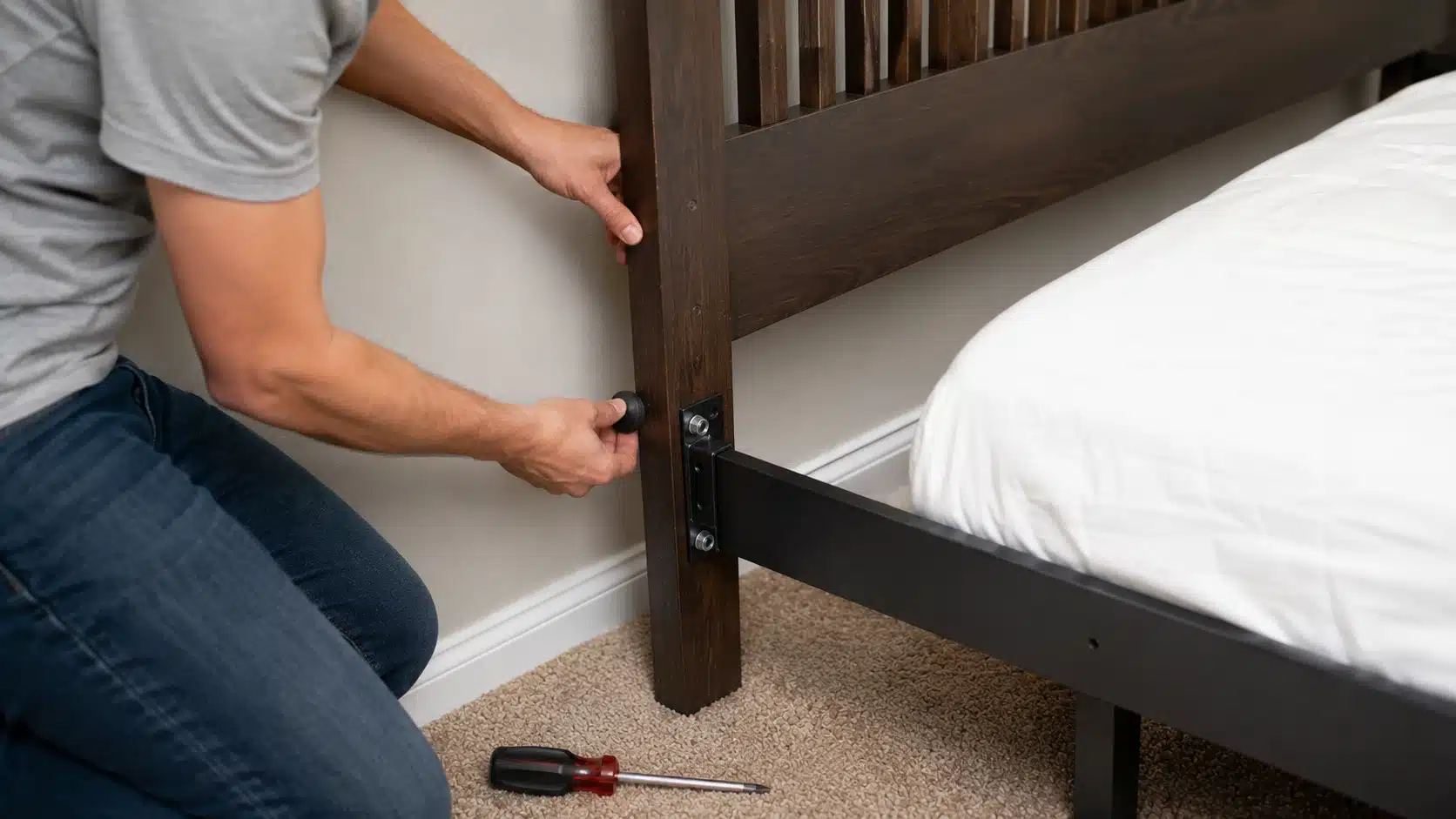 headboard pulled slightly from wall with rubber bumpers and tightened bolts for noise control