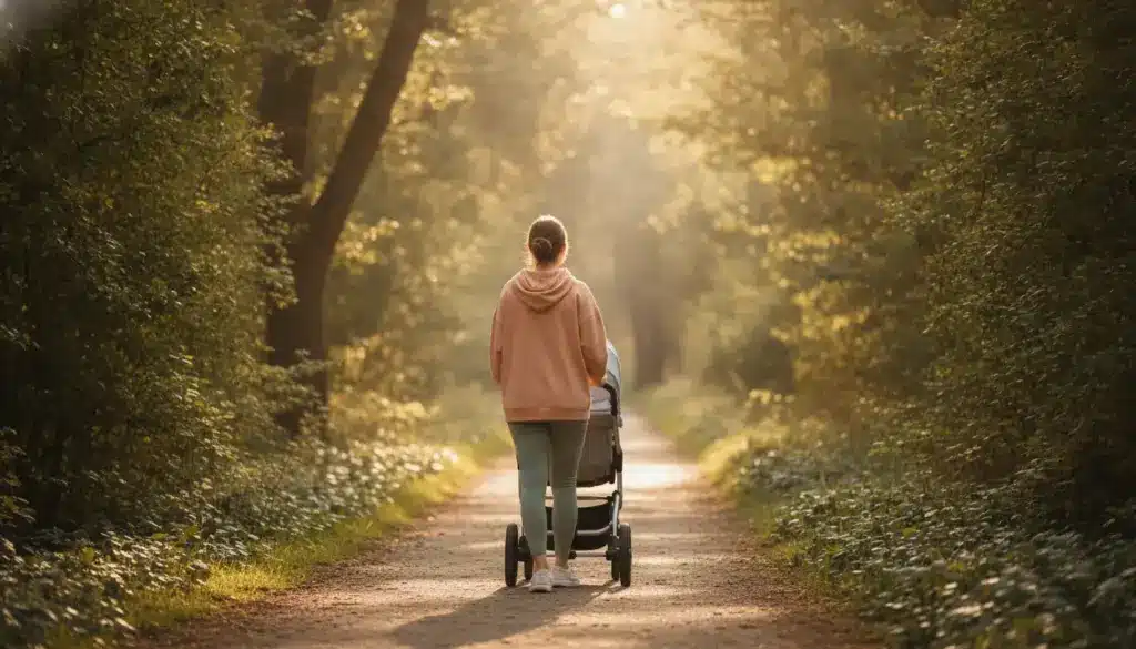 Person walking with a stroller on a sunlit forest path surrounded by trees