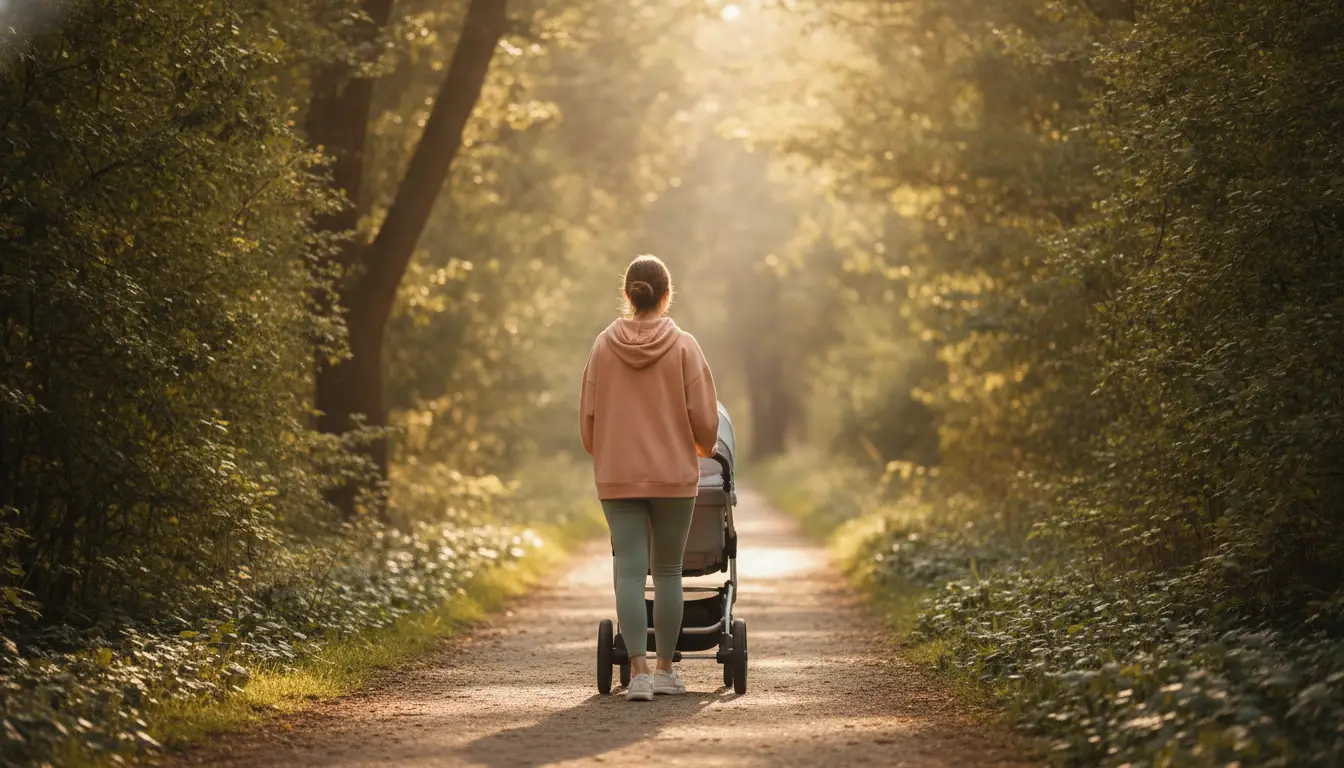 Person walking with a stroller on a sunlit forest path surrounded by trees