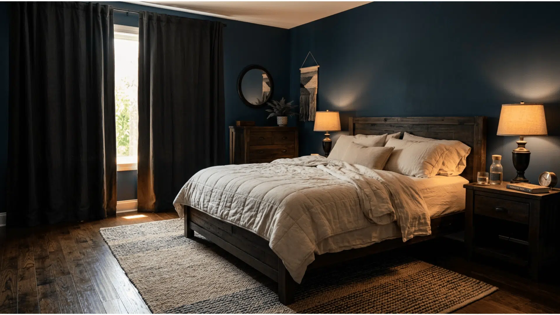 Heavy dark curtains in a soft daytime bedroom