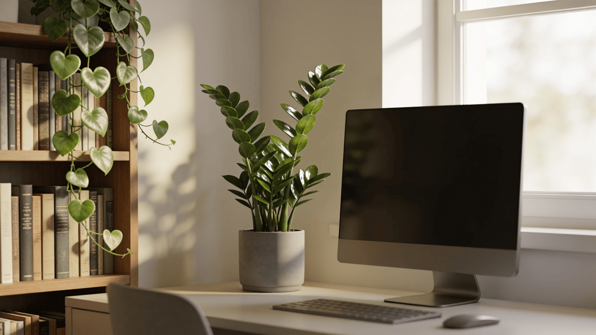 home office styled using plants