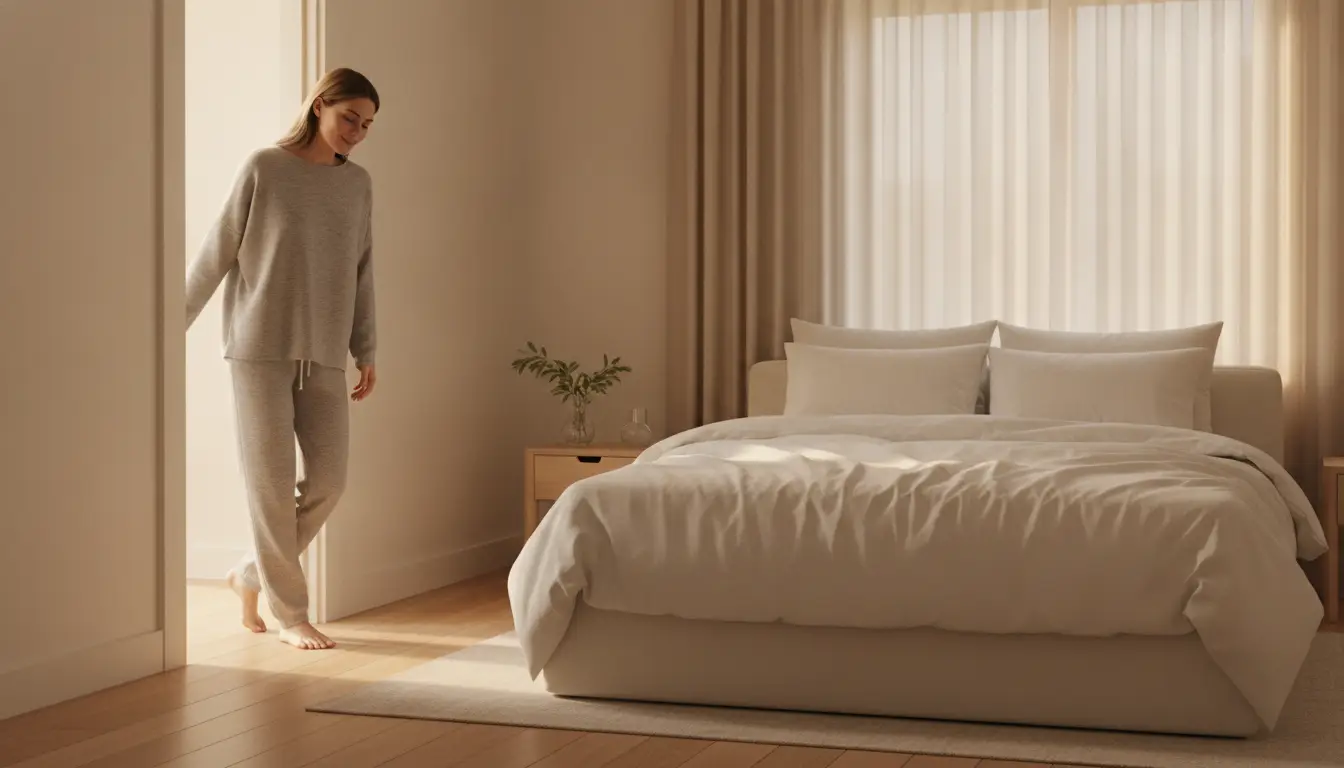 Woman in gray loungewear entering cozy bedroom with sunlit bed and nightstand vase