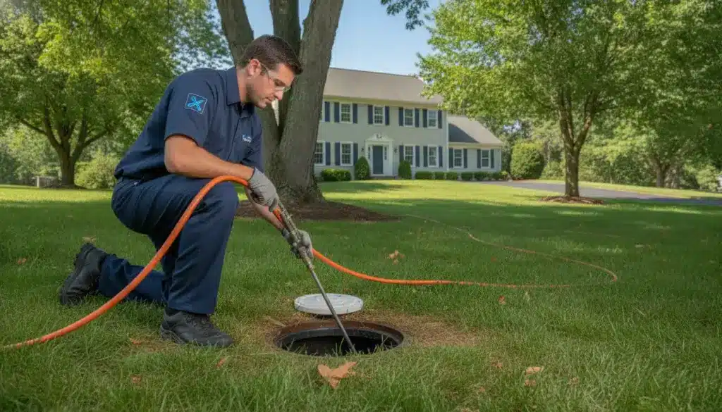Worker in blue uniform cleaning septic system outside suburban home on sunny day