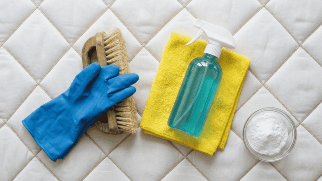 Mattress cleaning supplies with gloves, spray bottle, towel, brush, and baking soda.