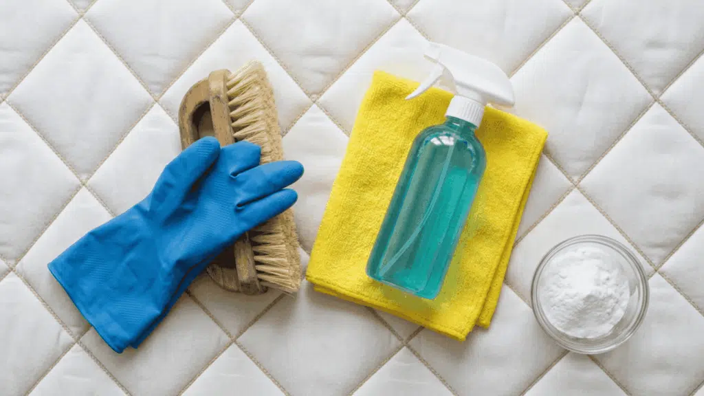 Mattress cleaning supplies with gloves, spray bottle, towel, brush, and baking soda.