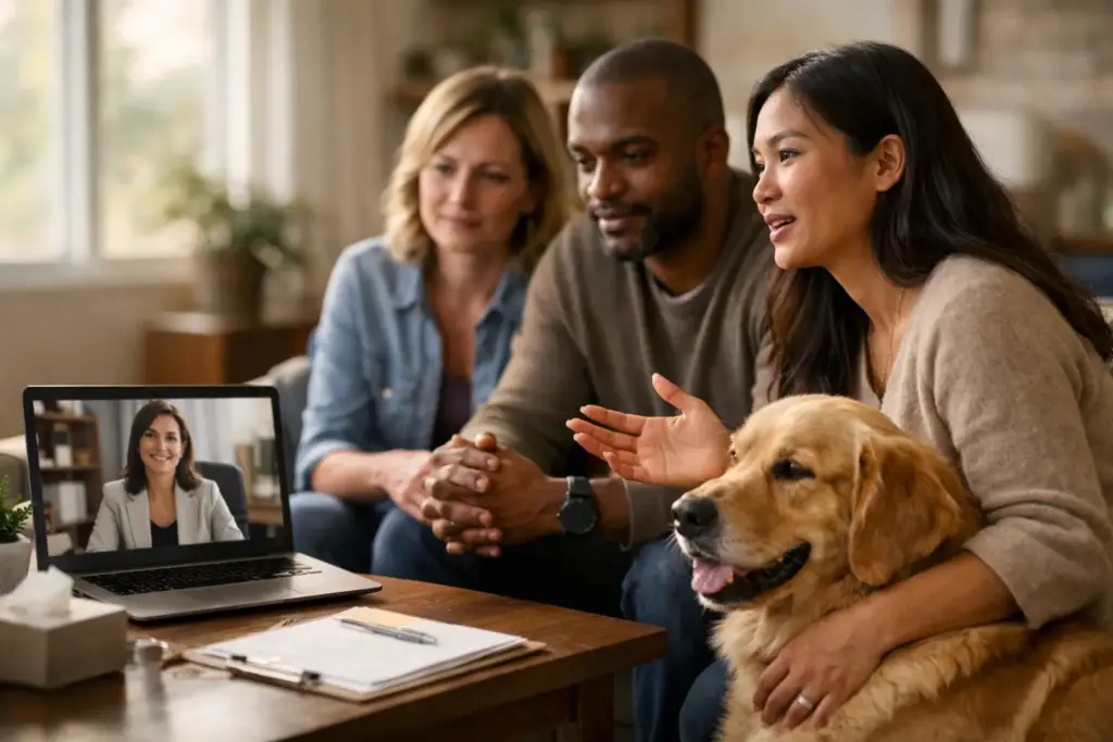 Three people and a dog having a video call on a laptop in a cozy living room