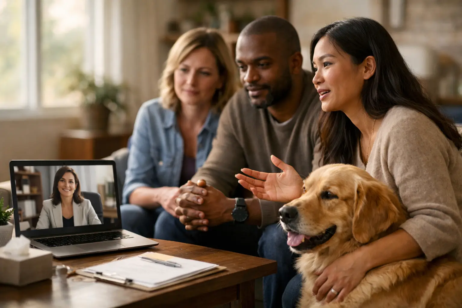 Three people and a dog having a video call on a laptop in a cozy living room