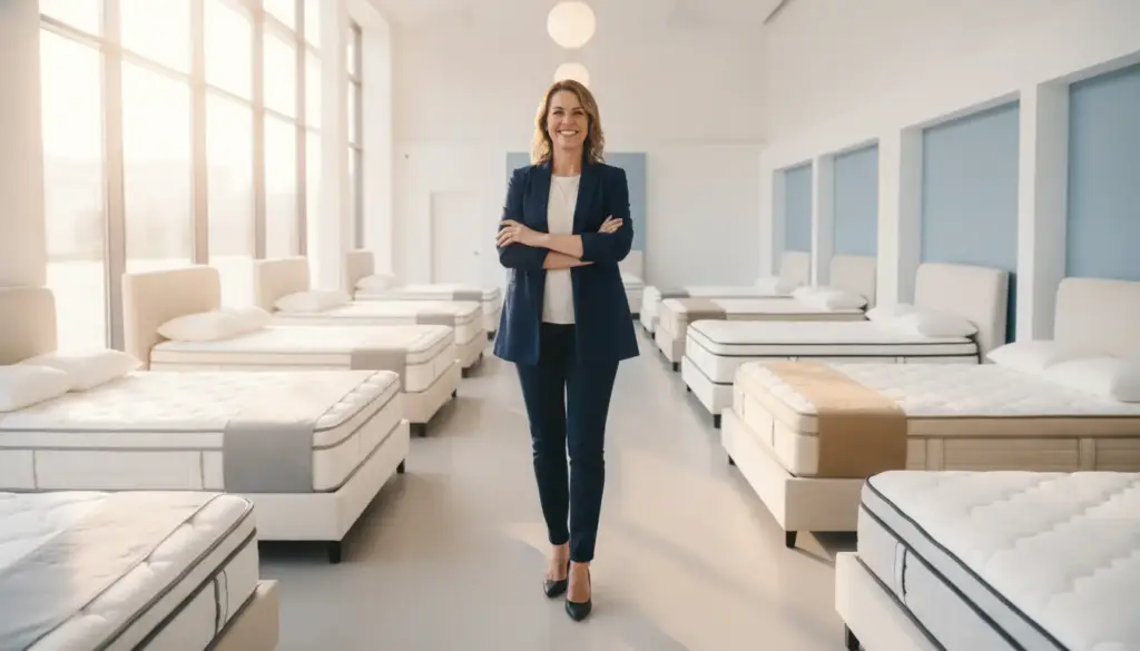 Smiling person standing in a bright showroom with multiple mattresses displayed neatly